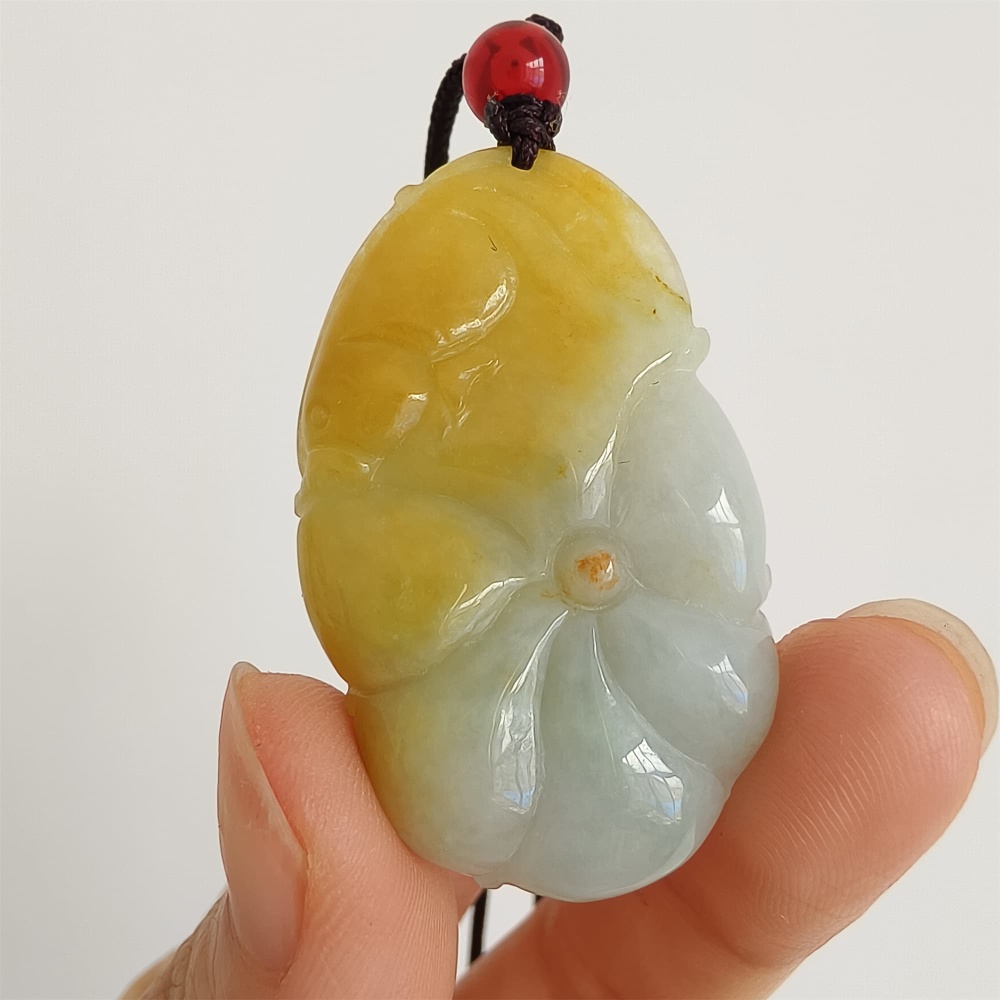 DDP 39mm Natural Yellow Green Burmese Jadeite Lotus Leaf Pendant With Fish Carved
