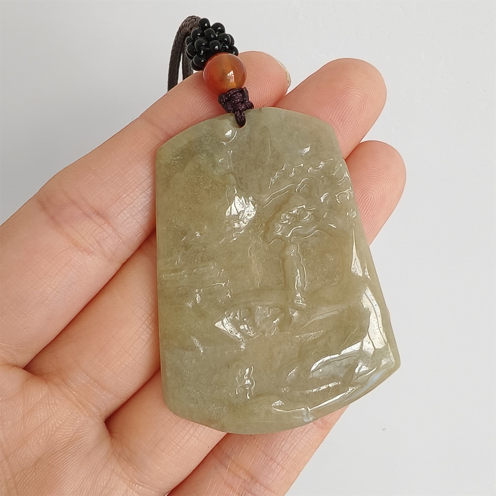 DDP 47.5mm Natural Yellow Burmese Jadeite Trapezoid Pendant With Landscape Carved