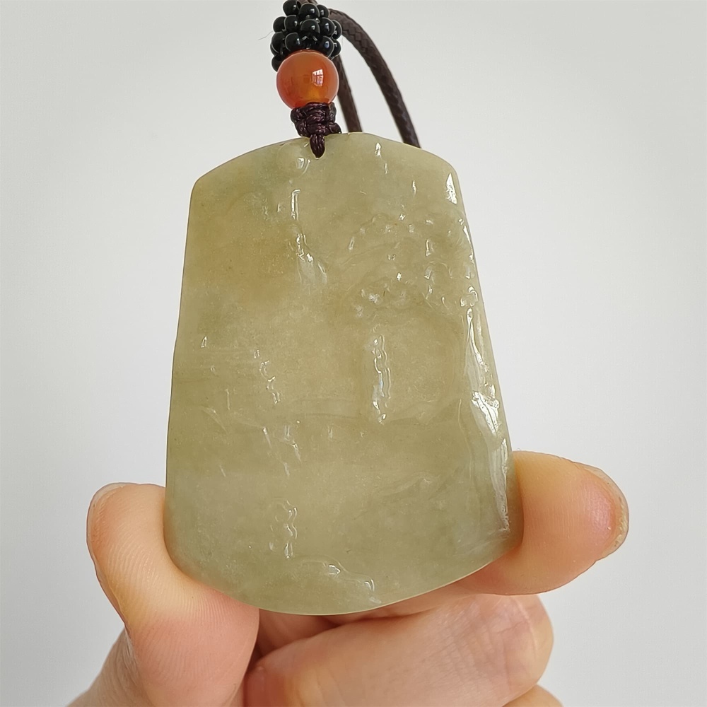 DDP 47.5mm Natural Yellow Burmese Jadeite Trapezoid Pendant With Landscape Carved