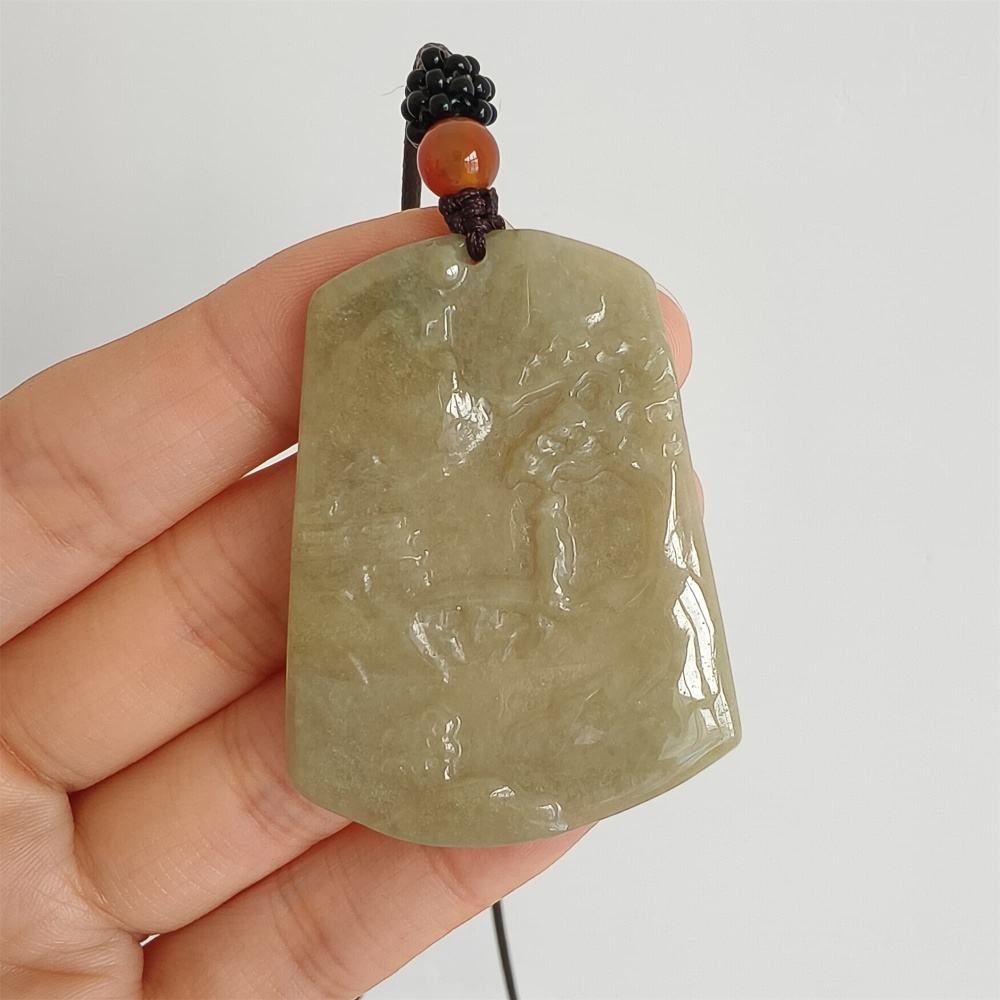 DDP 47.5mm Natural Yellow Burmese Jadeite Trapezoid Pendant With Landscape Carved