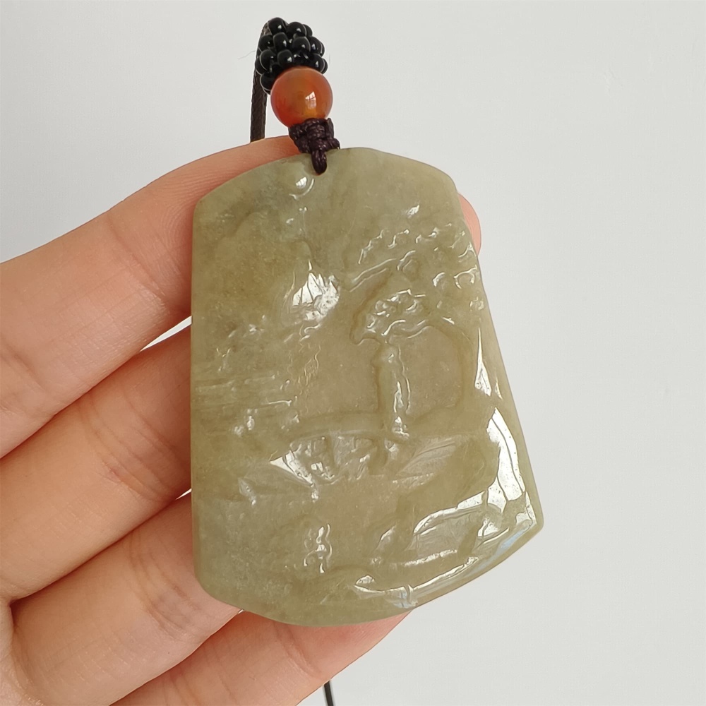 DDP 47.5mm Natural Yellow Burmese Jadeite Trapezoid Pendant With Landscape Carved