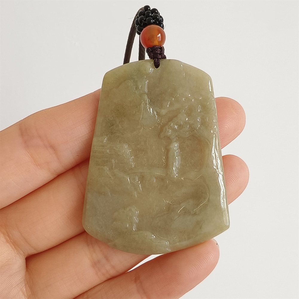 DDP 47.5mm Natural Yellow Burmese Jadeite Trapezoid Pendant With Landscape Carved