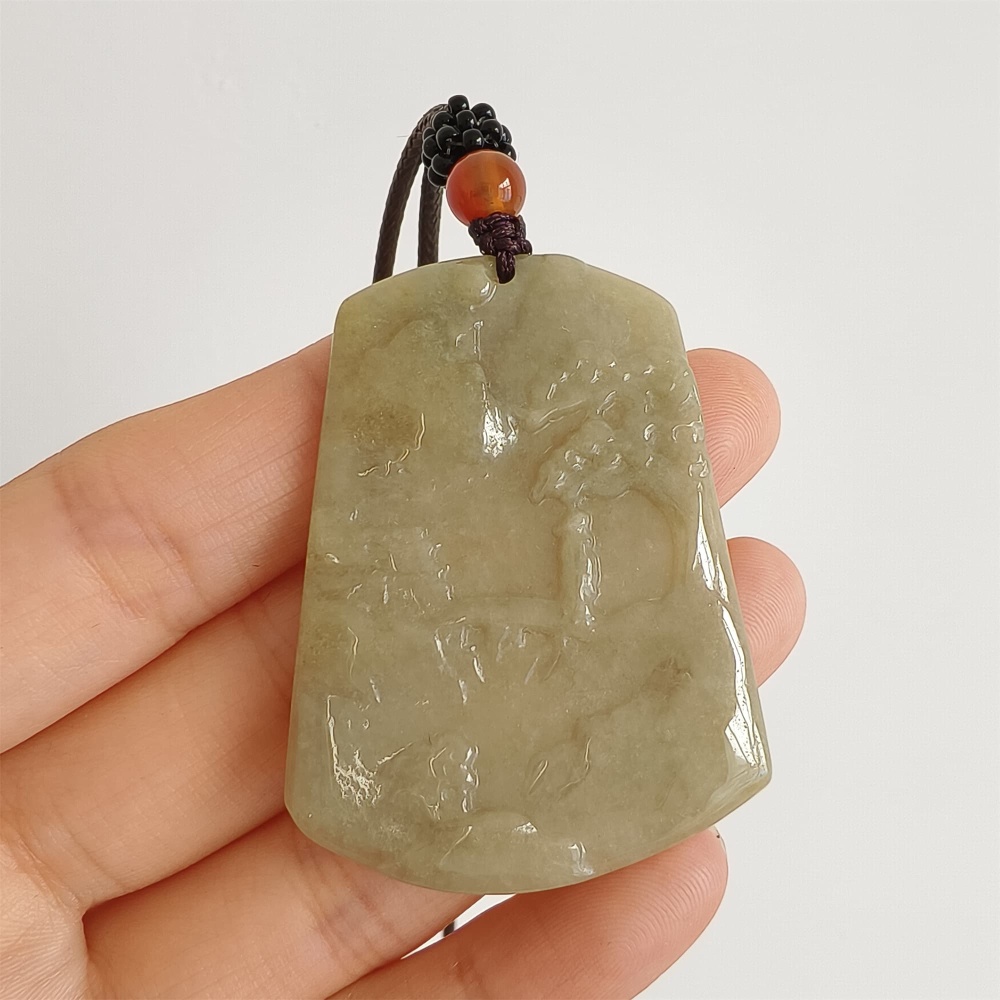 DDP 47.5mm Natural Yellow Burmese Jadeite Trapezoid Pendant With Landscape Carved