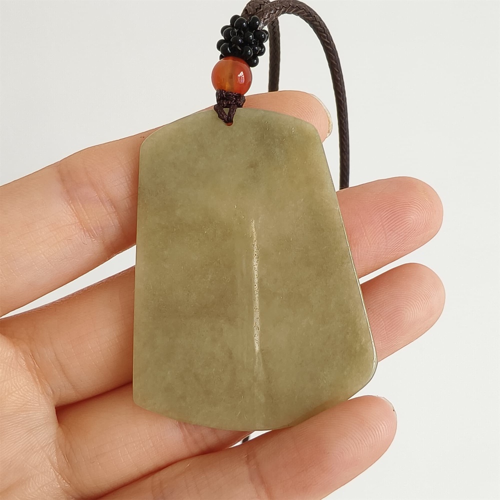 DDP 47.5mm Natural Yellow Burmese Jadeite Trapezoid Pendant With Landscape Carved