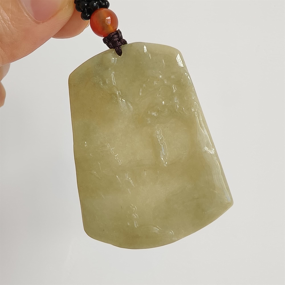 DDP 47.5mm Natural Yellow Burmese Jadeite Trapezoid Pendant With Landscape Carved