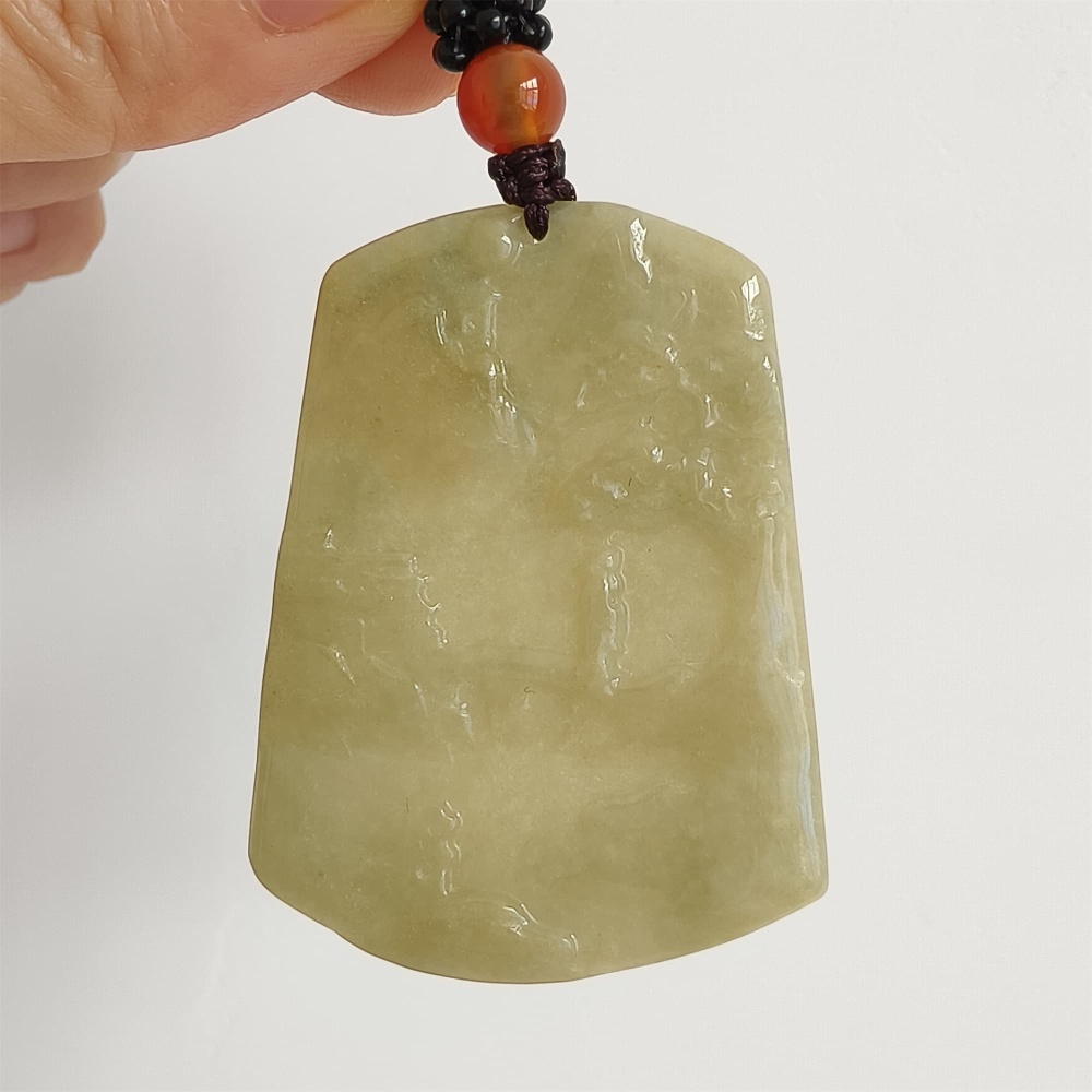 DDP 47.5mm Natural Yellow Burmese Jadeite Trapezoid Pendant With Landscape Carved