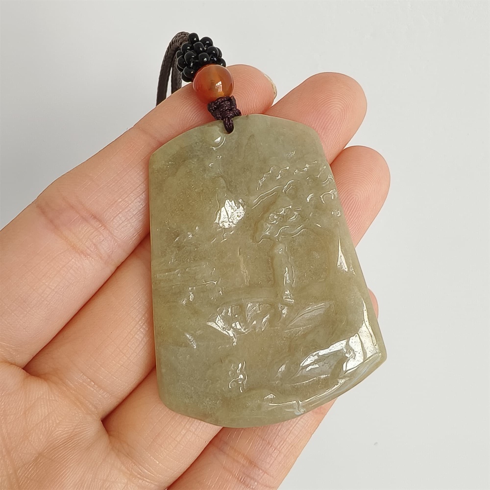 DDP 47.5mm Natural Yellow Burmese Jadeite Trapezoid Pendant With Landscape Carved