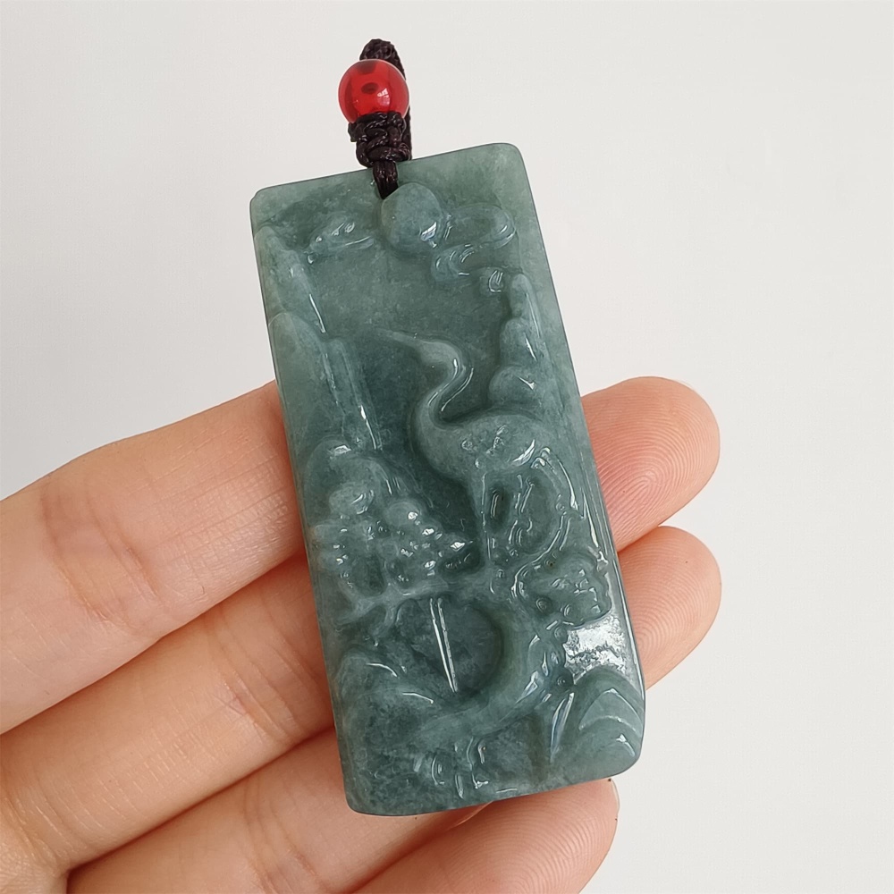 DDP 51.5mm Natural Certificated Type A Blue Guatemalan Jadeite Rectangle Pendant With Landscape And Red Crown Crane Carved