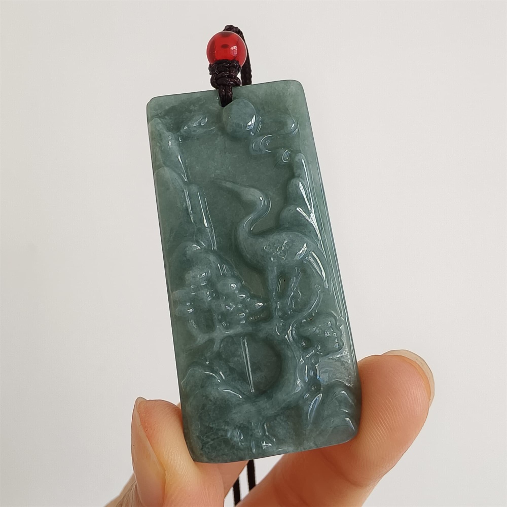 DDP 51.5mm Natural Certificated Type A Blue Guatemalan Jadeite Rectangle Pendant With Landscape And Red Crown Crane Carved