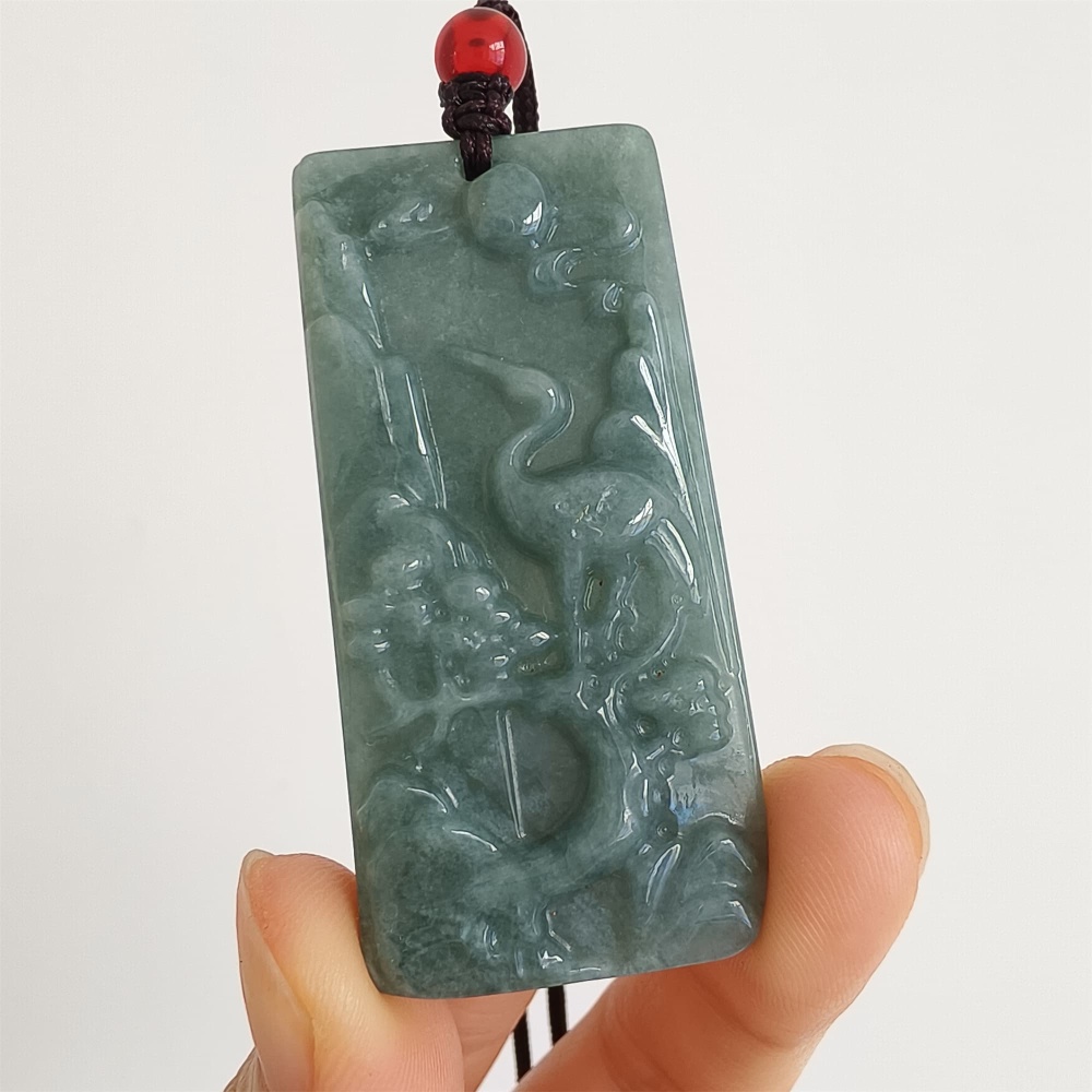 DDP 51.5mm Natural Certificated Type A Blue Guatemalan Jadeite Rectangle Pendant With Landscape And Red Crown Crane Carved
