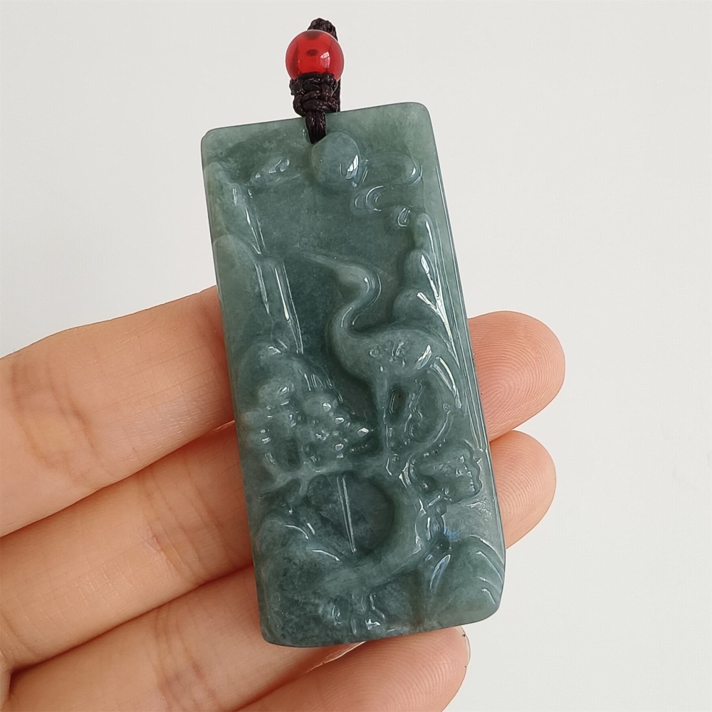 DDP 51.5mm Natural Certificated Type A Blue Guatemalan Jadeite Rectangle Pendant With Landscape And Red Crown Crane Carved
