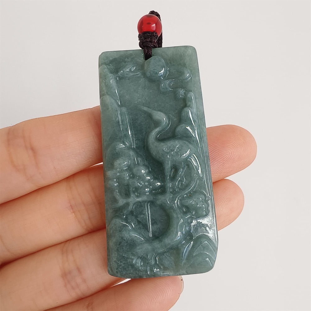 DDP 51.5mm Natural Certificated Type A Blue Guatemalan Jadeite Rectangle Pendant With Landscape And Red Crown Crane Carved