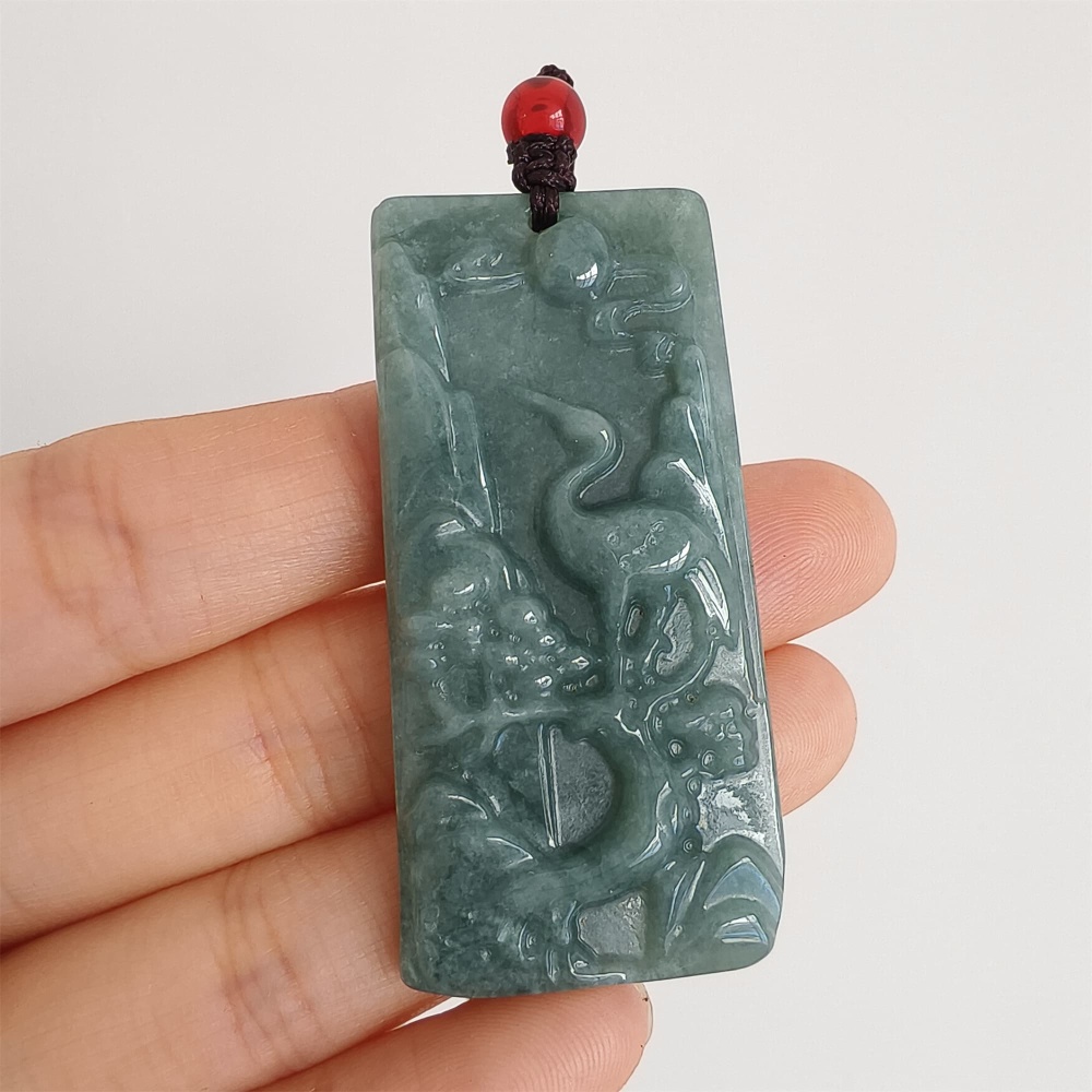 DDP 51.5mm Natural Certificated Type A Blue Guatemalan Jadeite Rectangle Pendant With Landscape And Red Crown Crane Carved