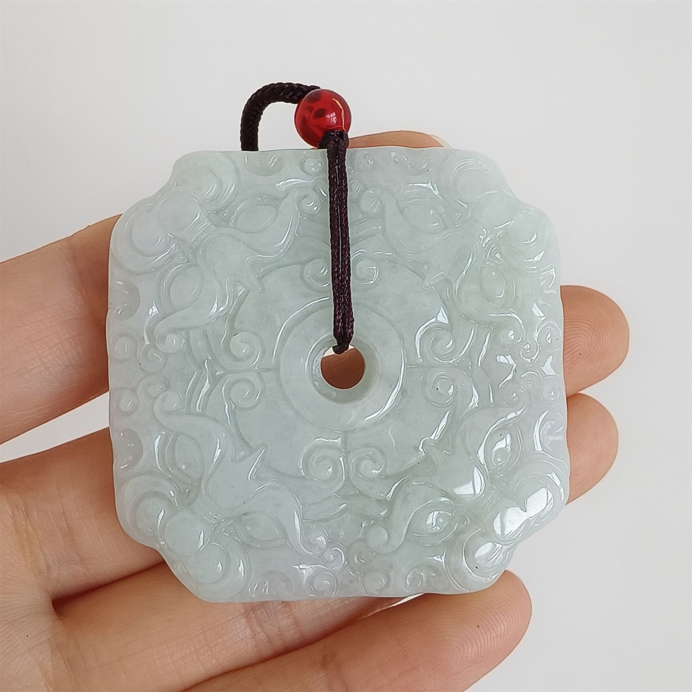 DDP 45.5mm Natural Certificated Type A GreenBurmese Jadeite Beast Face Safety Buckle Pendant
