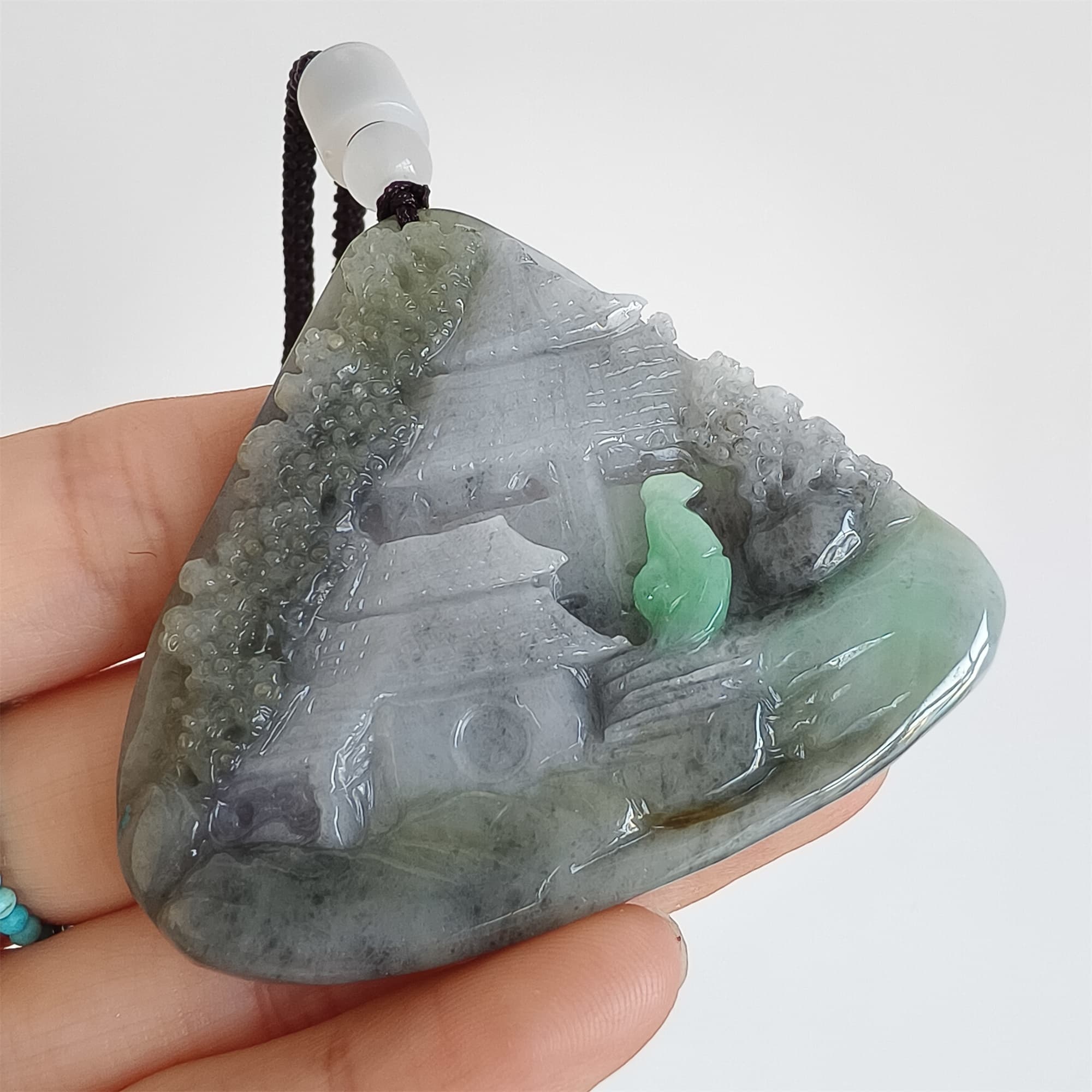 DDP 58.5mm Natural Type A Untreated Black Chicken Species Burmese Jadeite Triangle Pendant With Landscape Carved