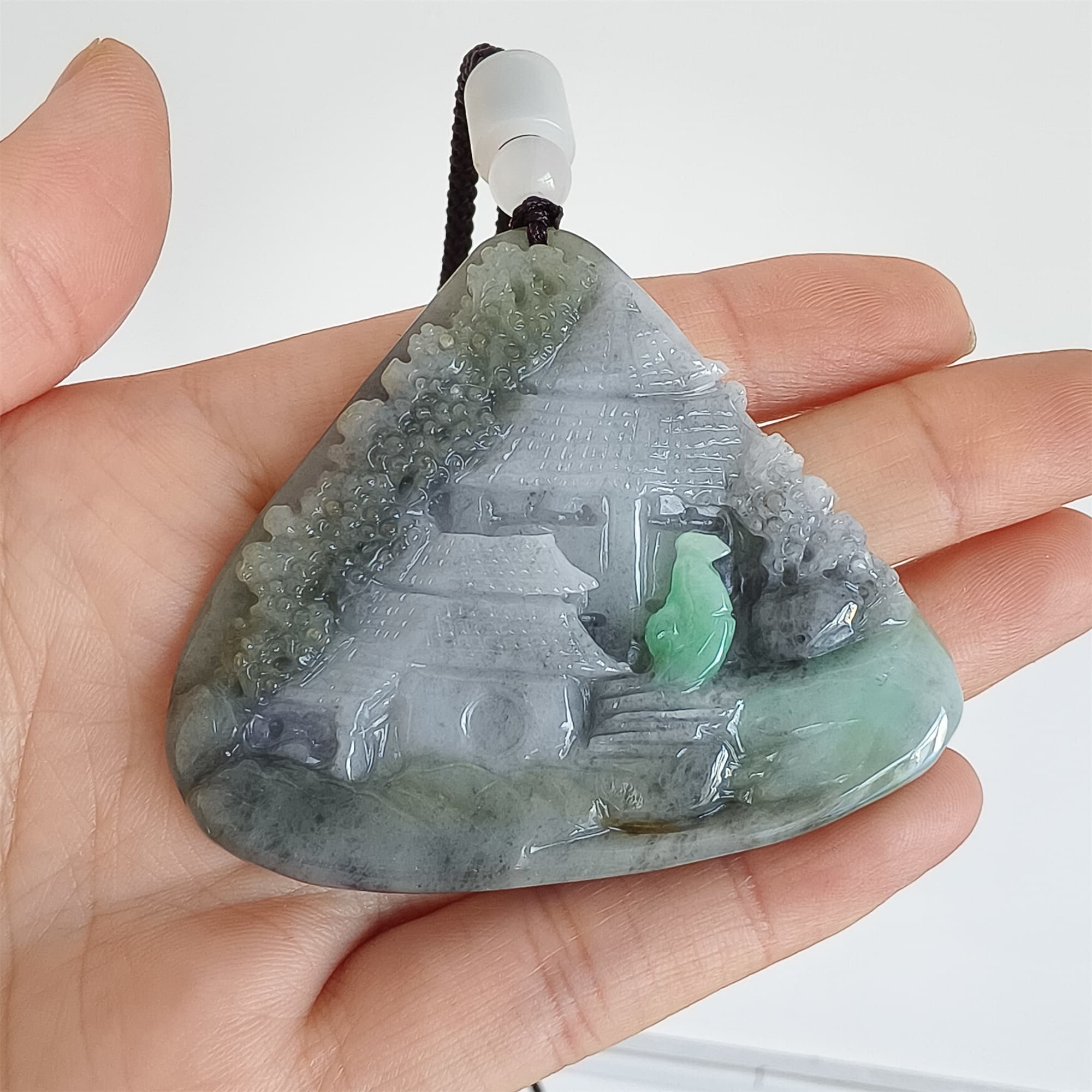 DDP 58.5mm Natural Type A Untreated Black Chicken Species Burmese Jadeite Triangle Pendant With Landscape Carved