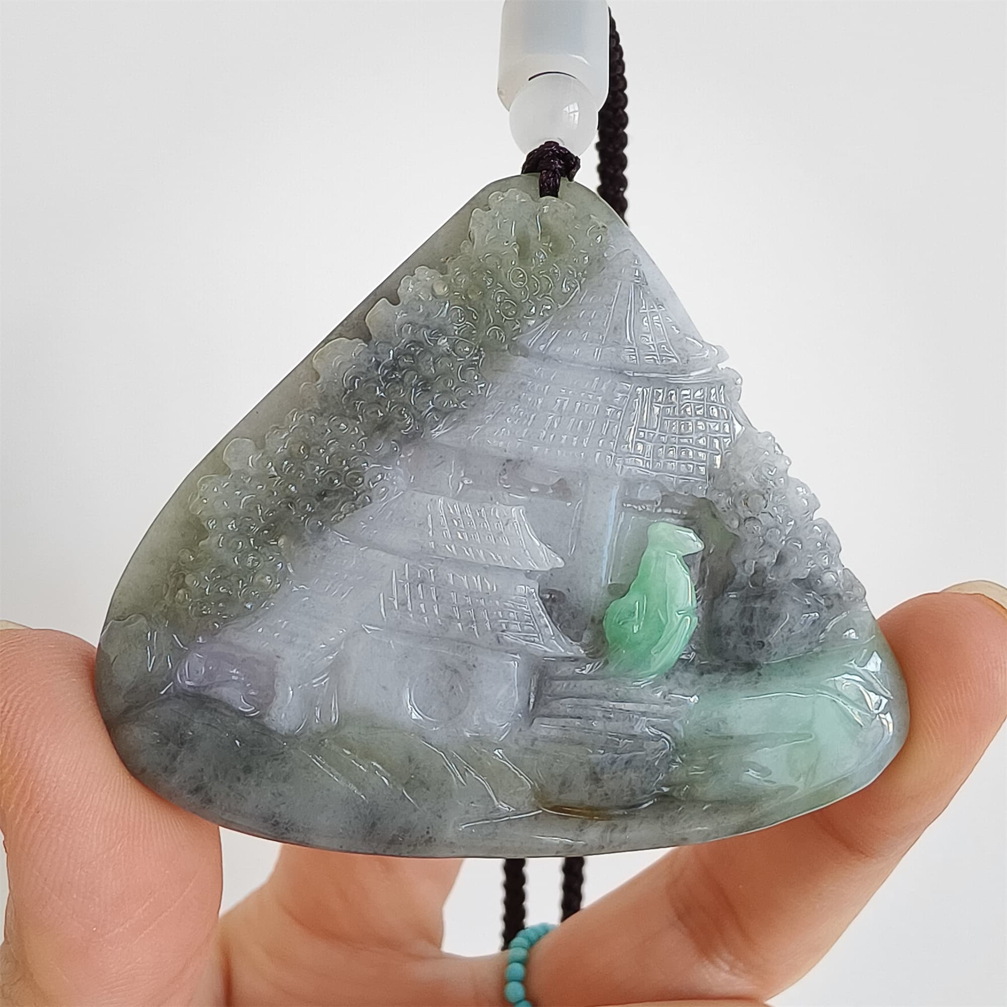 DDP 58.5mm Natural Type A Untreated Black Chicken Species Burmese Jadeite Triangle Pendant With Landscape Carved