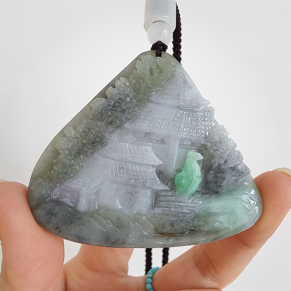 DDP 58.5mm Natural Type A Untreated Black Chicken Species Burmese Jadeite Triangle Pendant With Landscape Carved