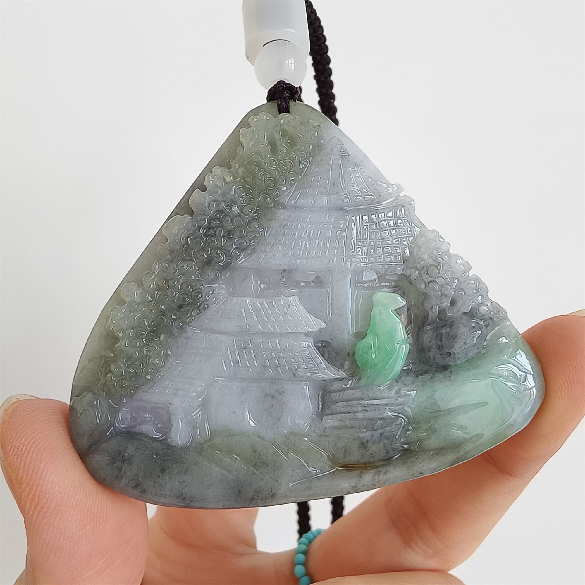 DDP 58.5mm Natural Type A Untreated Black Chicken Species Burmese Jadeite Triangle Pendant With Landscape Carved