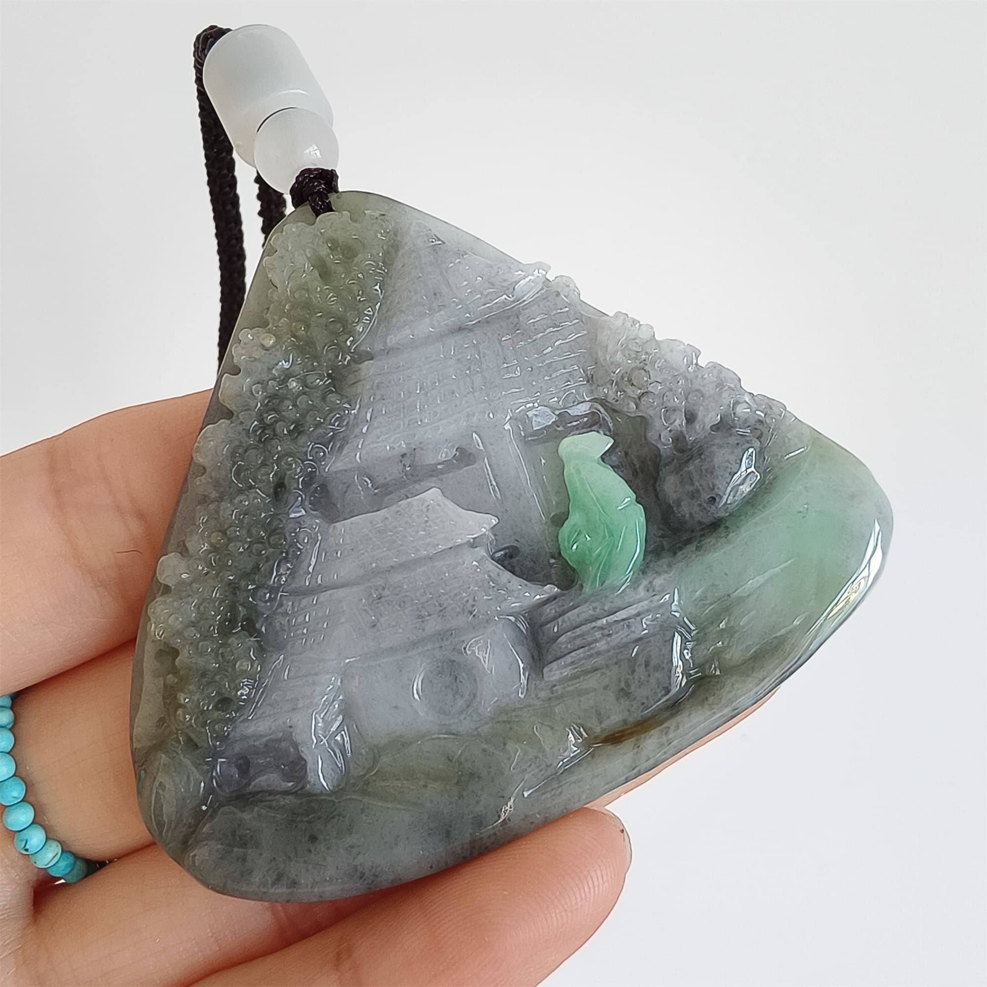 DDP 58.5mm Natural Type A Untreated Black Chicken Species Burmese Jadeite Triangle Pendant With Landscape Carved