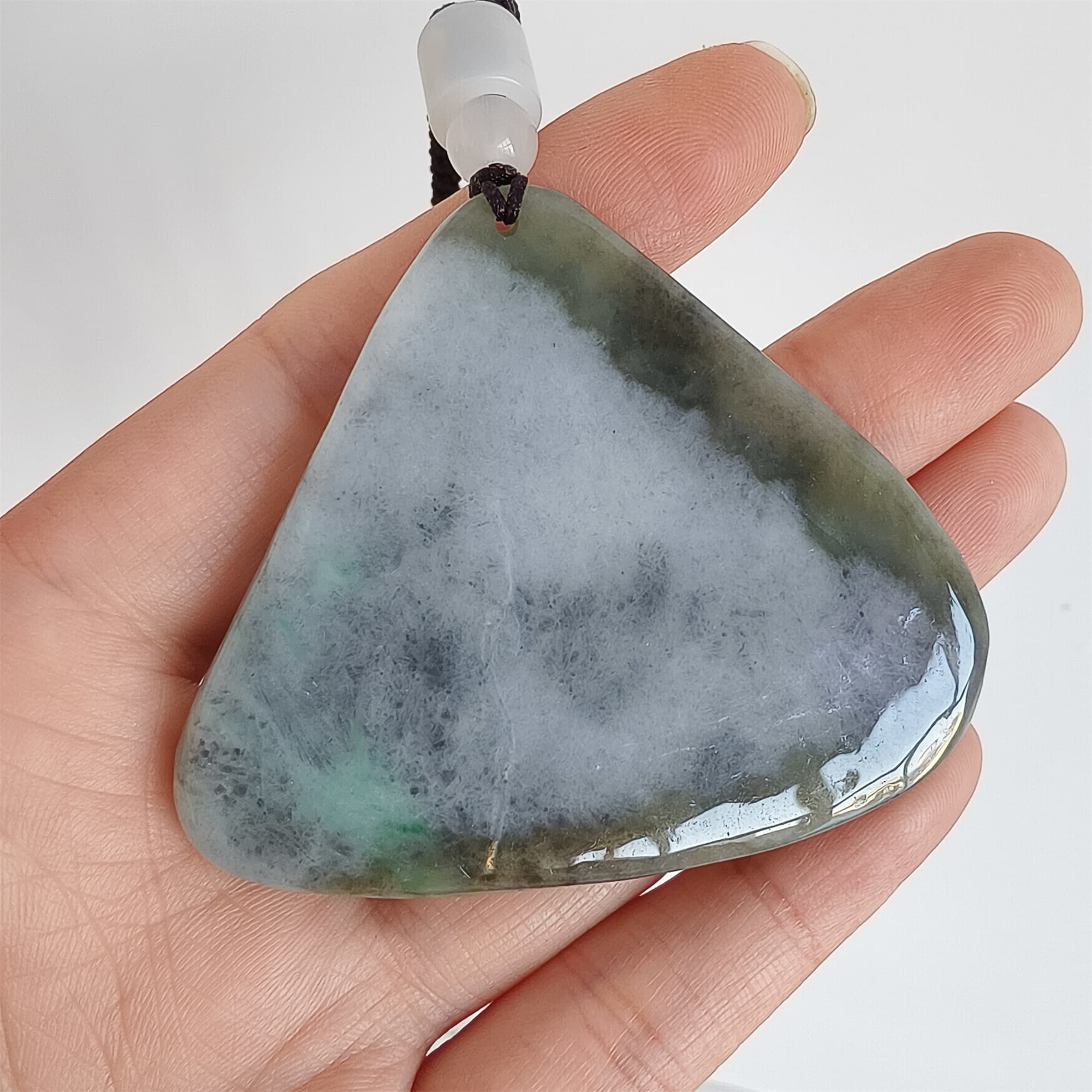 DDP 58.5mm Natural Type A Untreated Black Chicken Species Burmese Jadeite Triangle Pendant With Landscape Carved