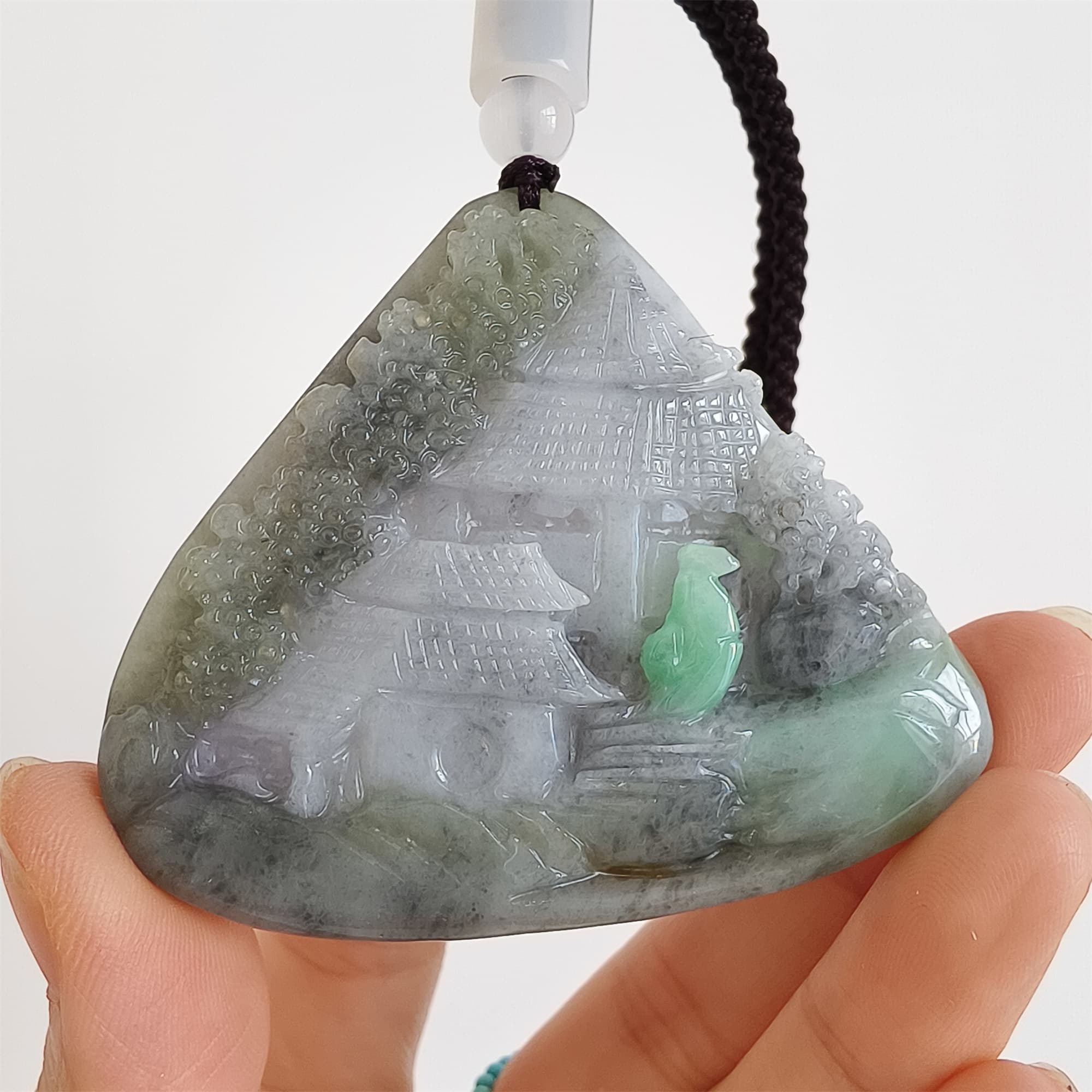 DDP 58.5mm Natural Type A Untreated Black Chicken Species Burmese Jadeite Triangle Pendant With Landscape Carved
