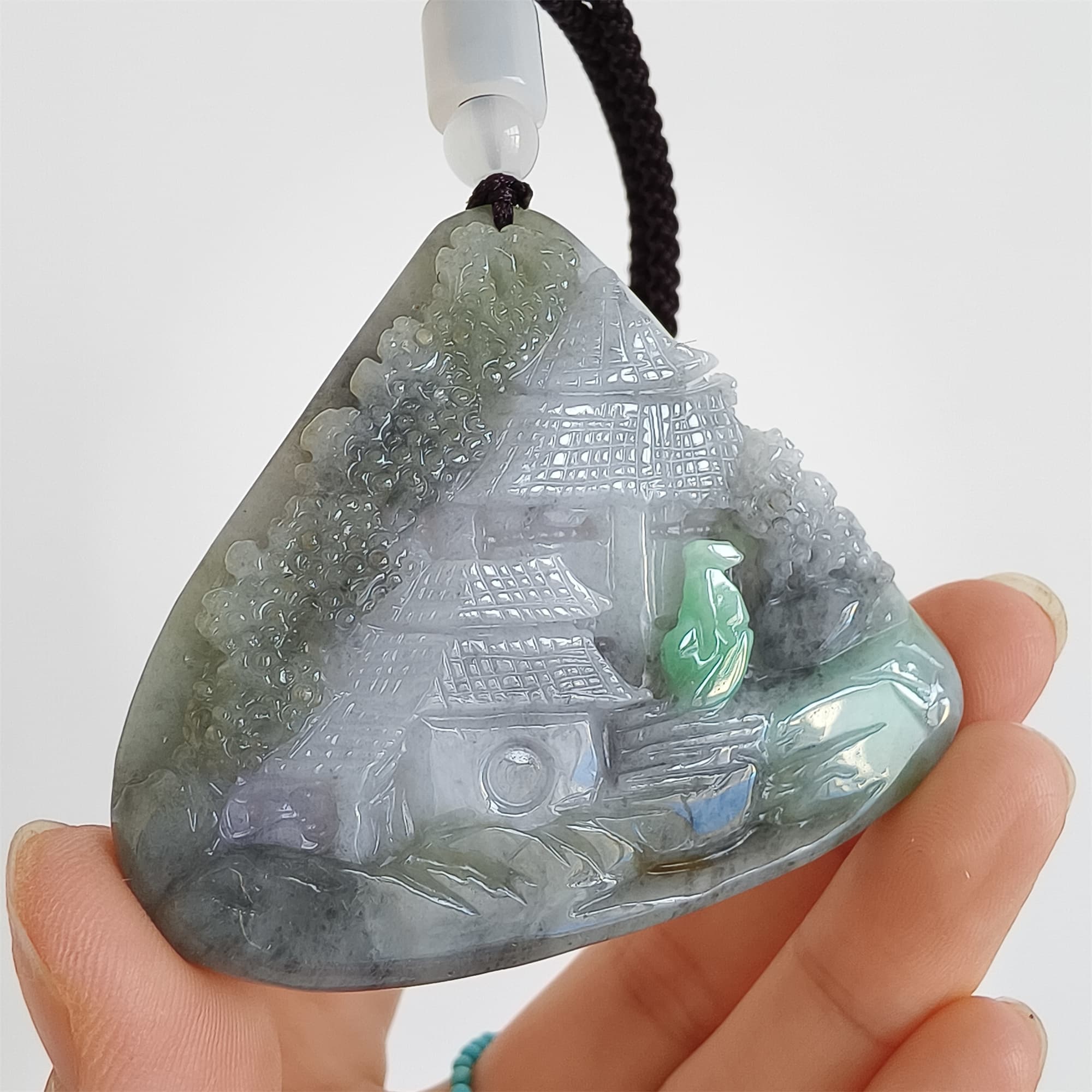 DDP 58.5mm Natural Type A Untreated Black Chicken Species Burmese Jadeite Triangle Pendant With Landscape Carved
