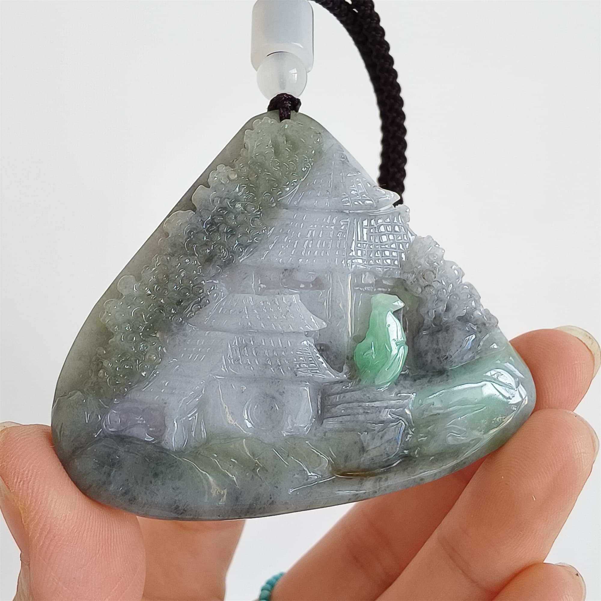 DDP 58.5mm Natural Type A Untreated Black Chicken Species Burmese Jadeite Triangle Pendant With Landscape Carved