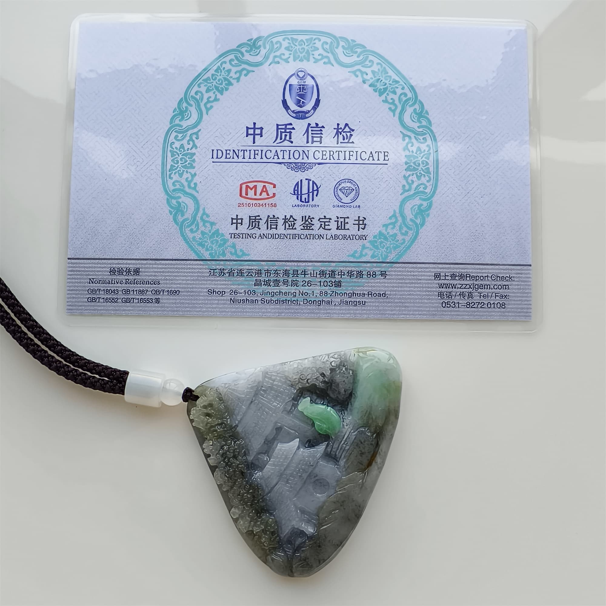 DDP 58.5mm Natural Type A Untreated Black Chicken Species Burmese Jadeite Triangle Pendant With Landscape Carved