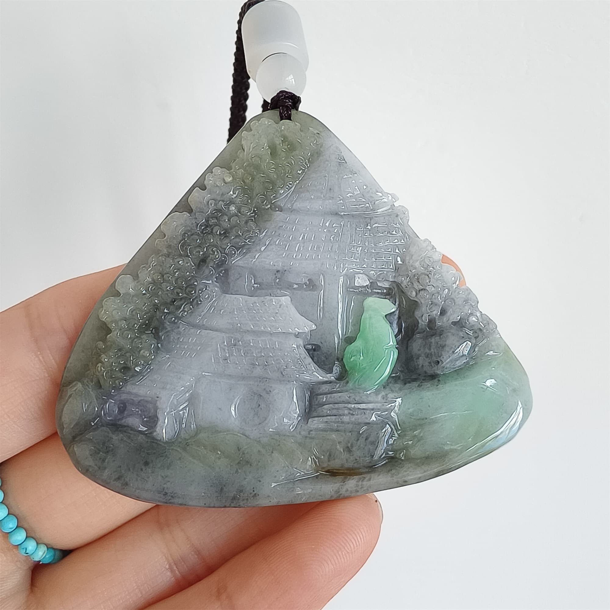 DDP 58.5mm Natural Type A Untreated Black Chicken Species Burmese Jadeite Triangle Pendant With Landscape Carved