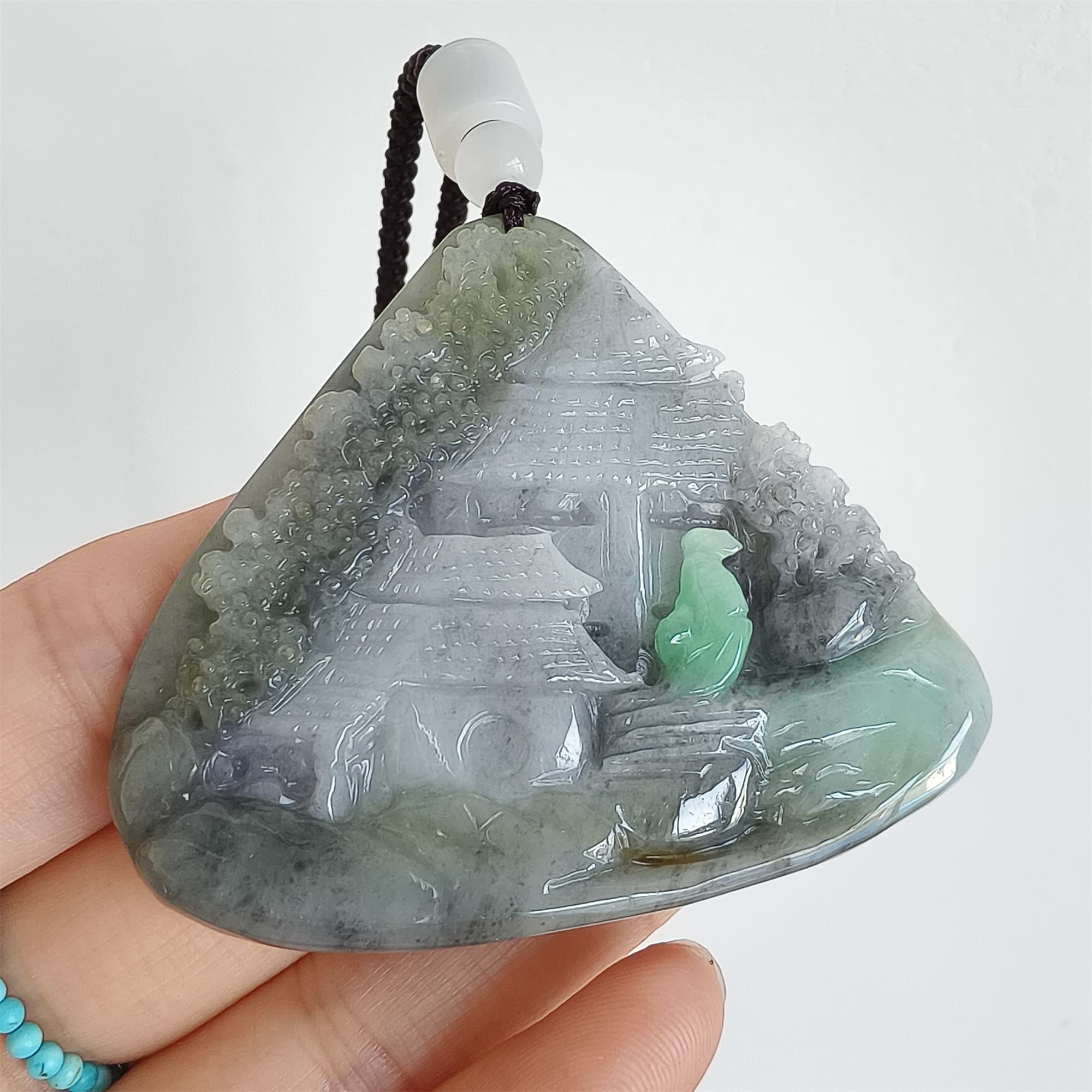 DDP 58.5mm Natural Type A Untreated Black Chicken Species Burmese Jadeite Triangle Pendant With Landscape Carved