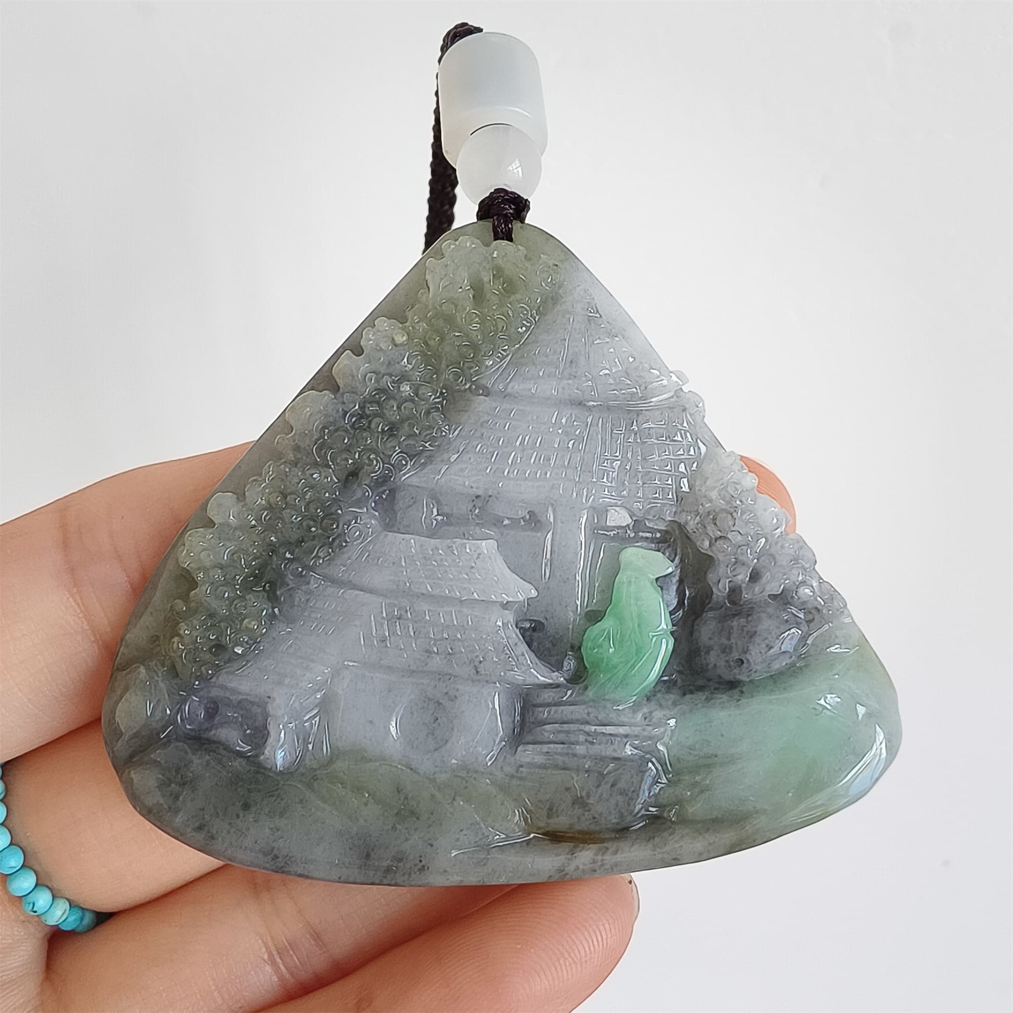 DDP 58.5mm Natural Type A Untreated Black Chicken Species Burmese Jadeite Triangle Pendant With Landscape Carved