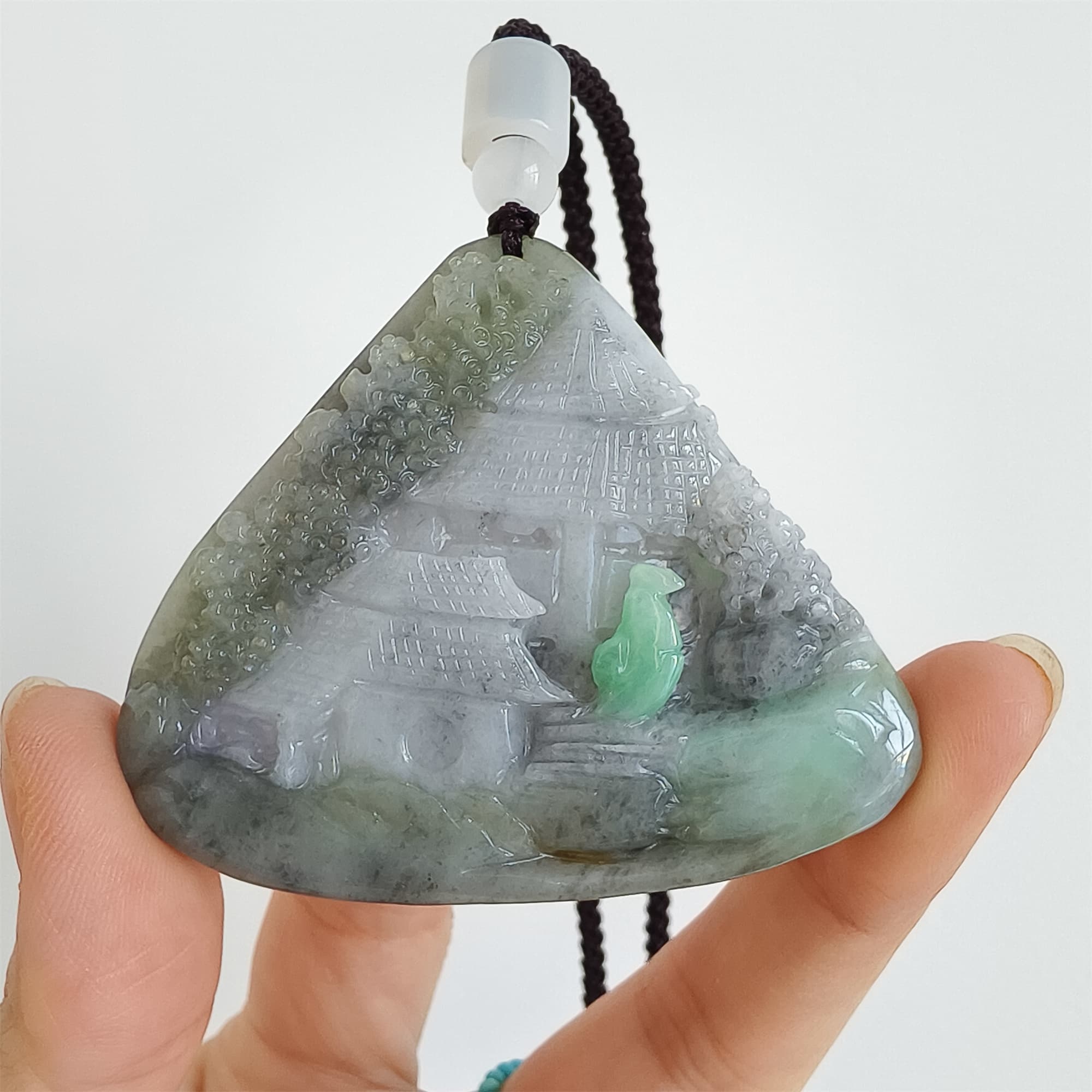 DDP 58.5mm Natural Type A Untreated Black Chicken Species Burmese Jadeite Triangle Pendant With Landscape Carved