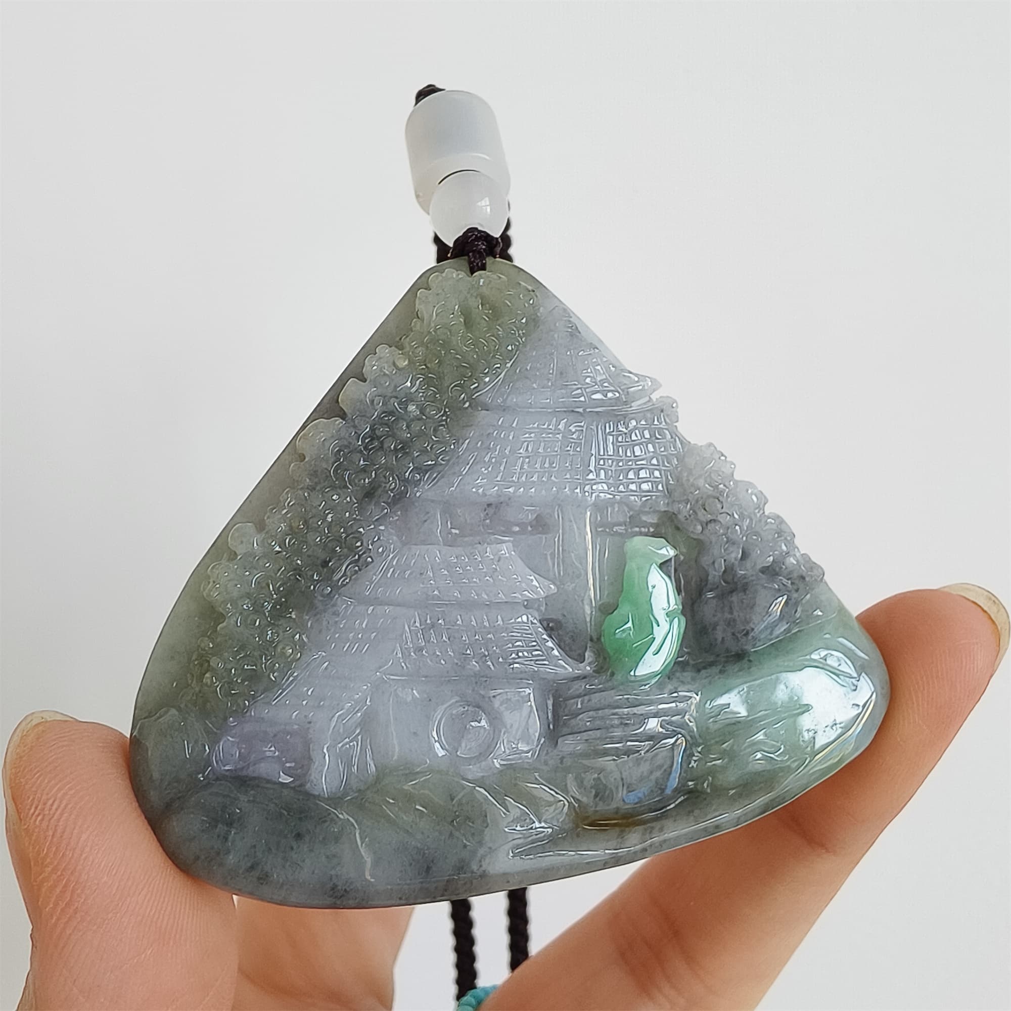 DDP 58.5mm Natural Type A Untreated Black Chicken Species Burmese Jadeite Triangle Pendant With Landscape Carved