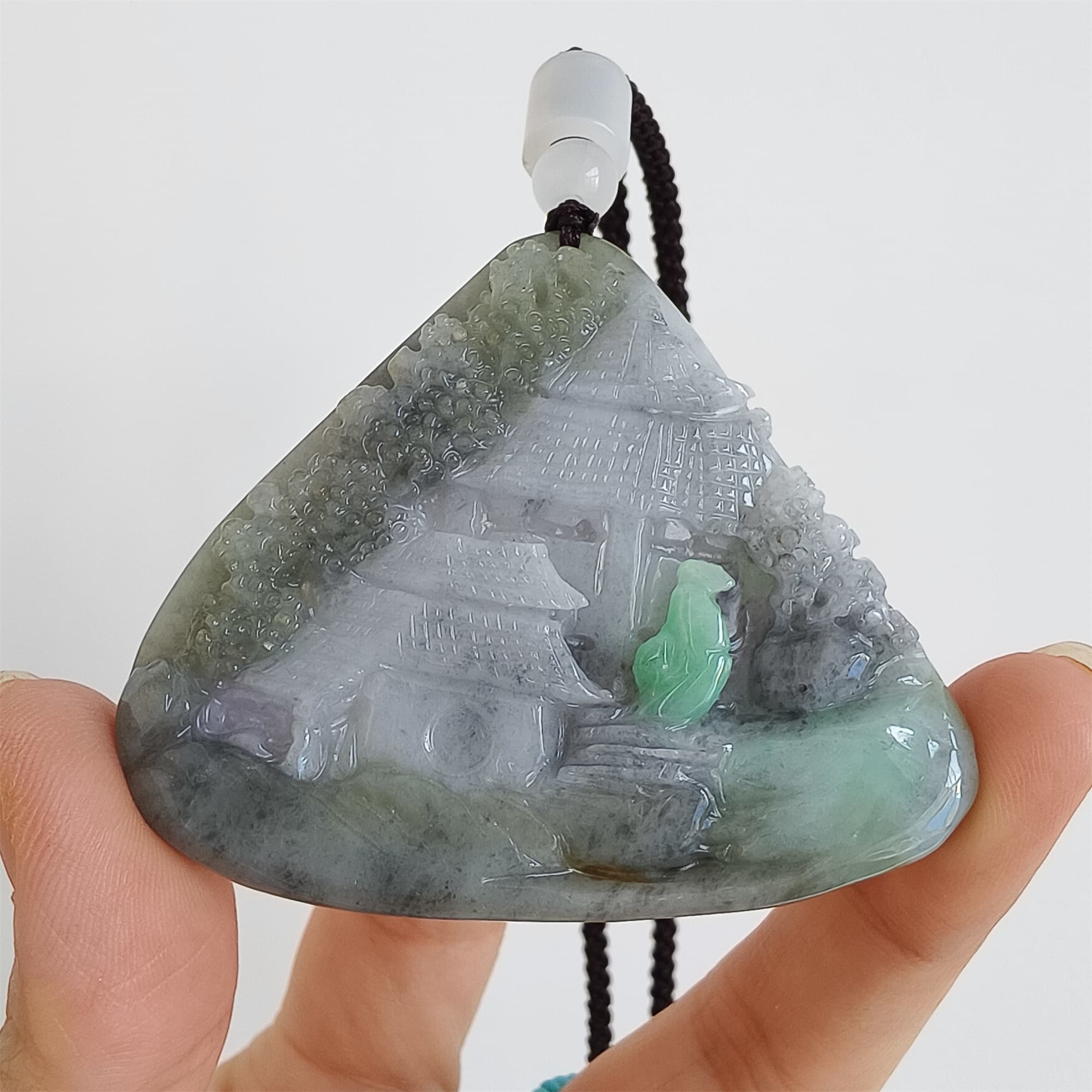 DDP 58.5mm Natural Type A Untreated Black Chicken Species Burmese Jadeite Triangle Pendant With Landscape Carved