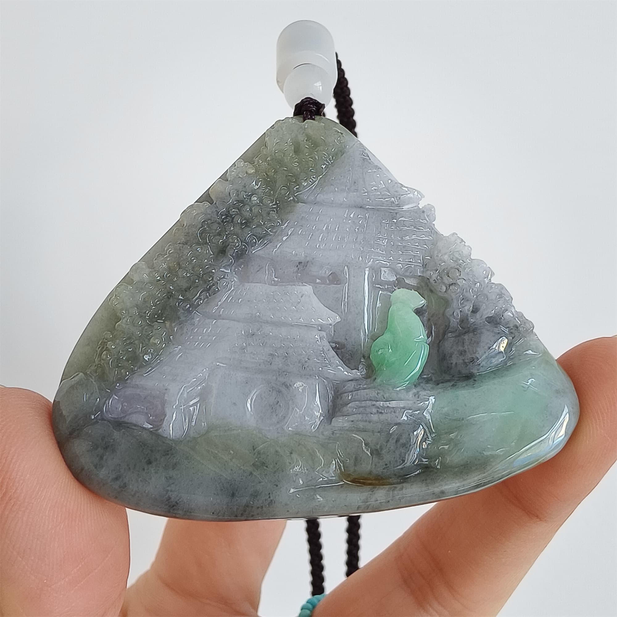 DDP 58.5mm Natural Type A Untreated Black Chicken Species Burmese Jadeite Triangle Pendant With Landscape Carved