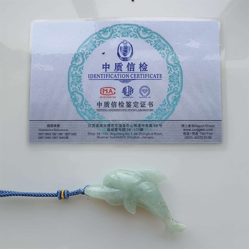 DDP 60mm Natural Certificated Type A Green Burmese Jadeite Dolphin Pendant