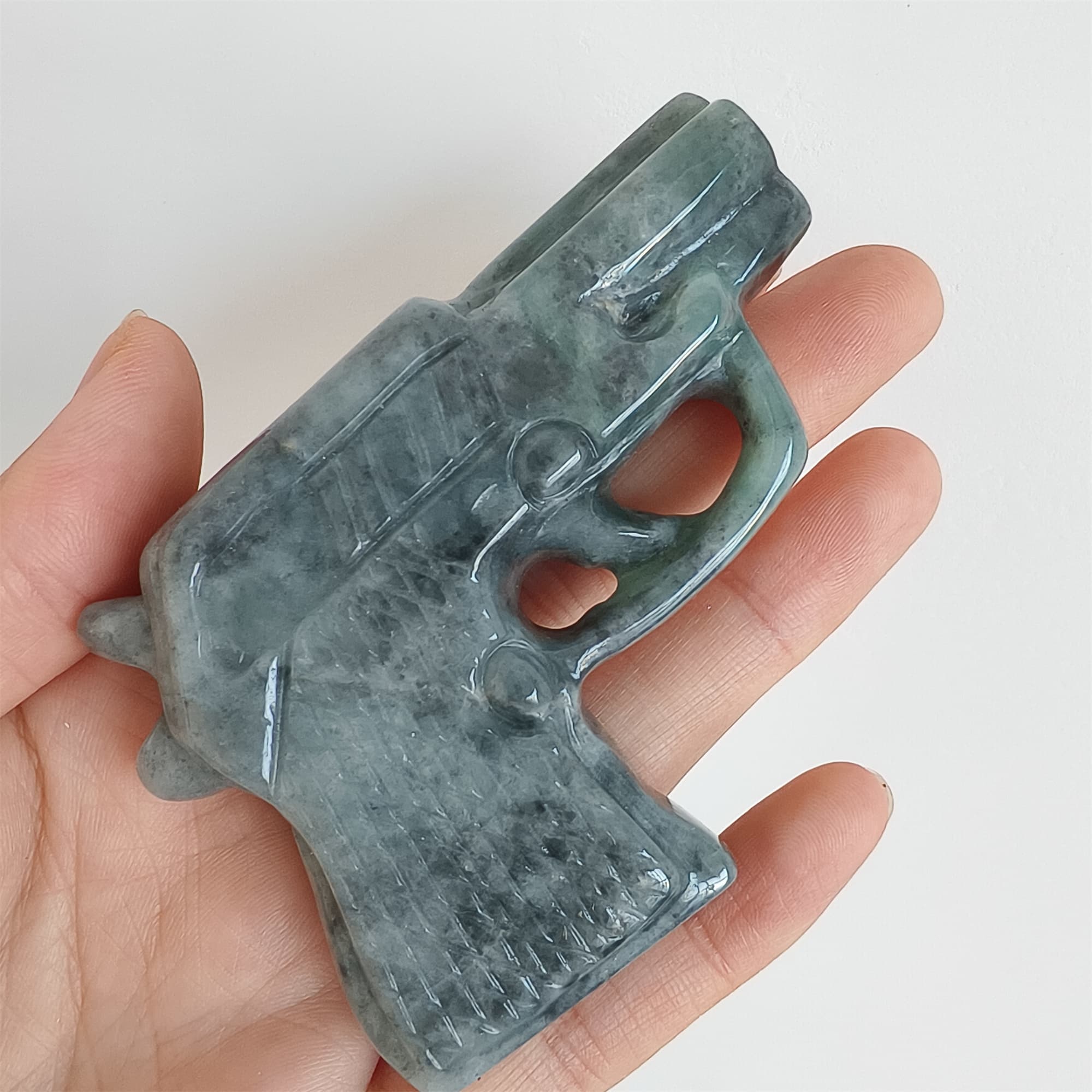 DDP 73mm Natural Type A Untreated Black Chicken Species Burmese Jadeite Pistol Hand Play