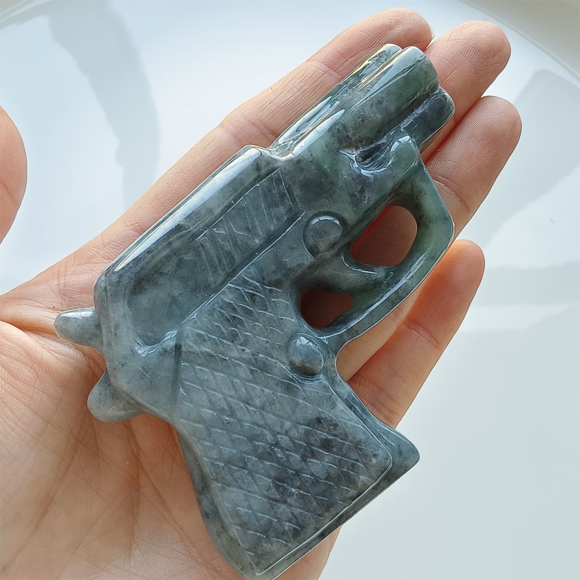 DDP 73mm Natural Type A Untreated Black Chicken Species Burmese Jadeite Pistol Hand Play