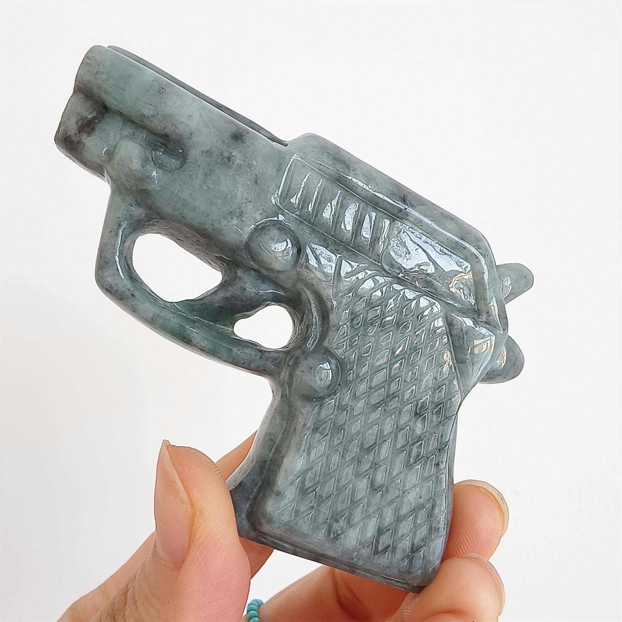 DDP 73mm Natural Type A Untreated Black Chicken Species Burmese Jadeite Pistol Hand Play