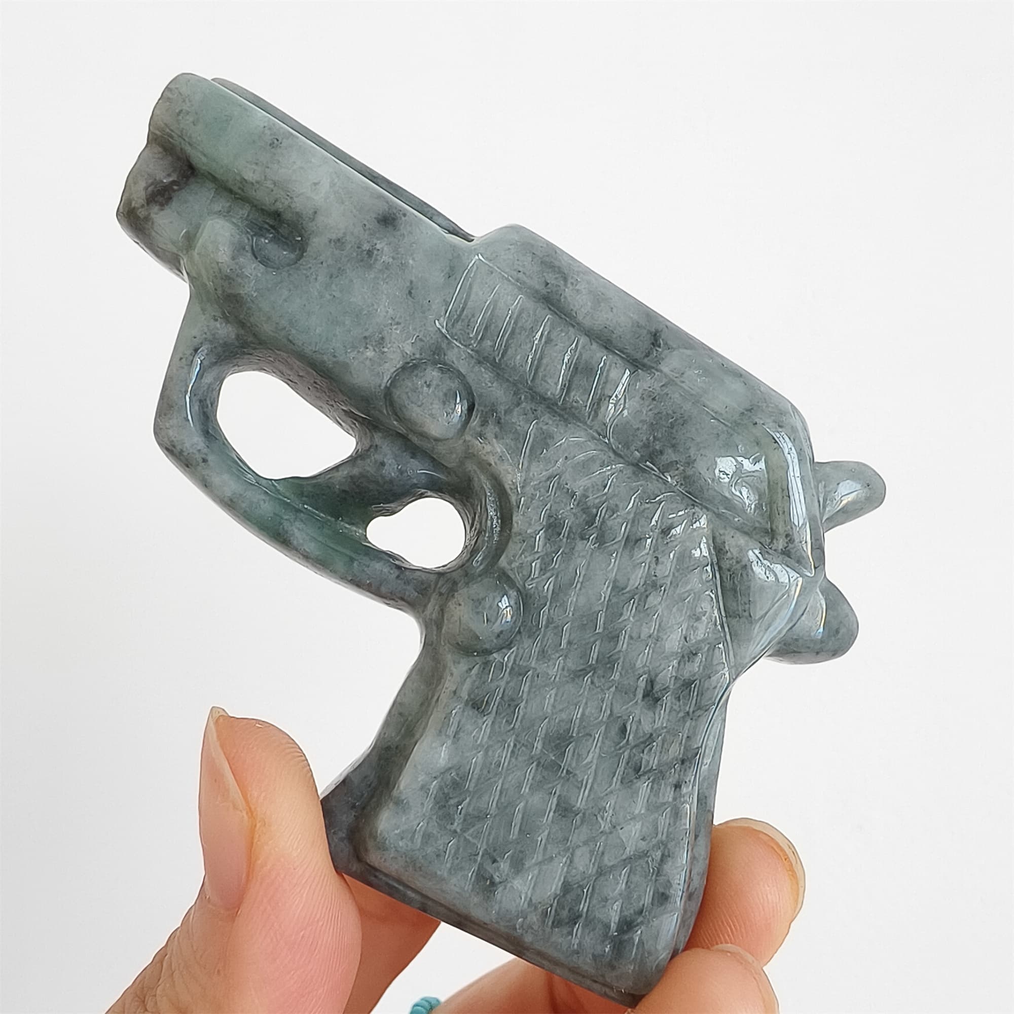 DDP 73mm Natural Type A Untreated Black Chicken Species Burmese Jadeite Pistol Hand Play