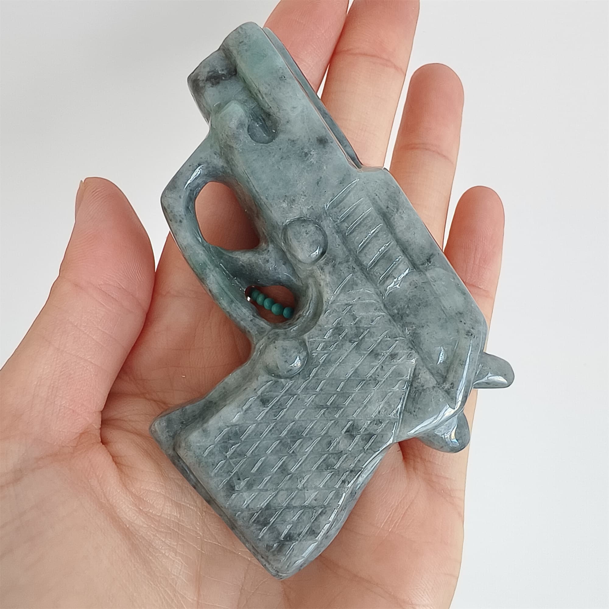 DDP 73mm Natural Type A Untreated Black Chicken Species Burmese Jadeite Pistol Hand Play