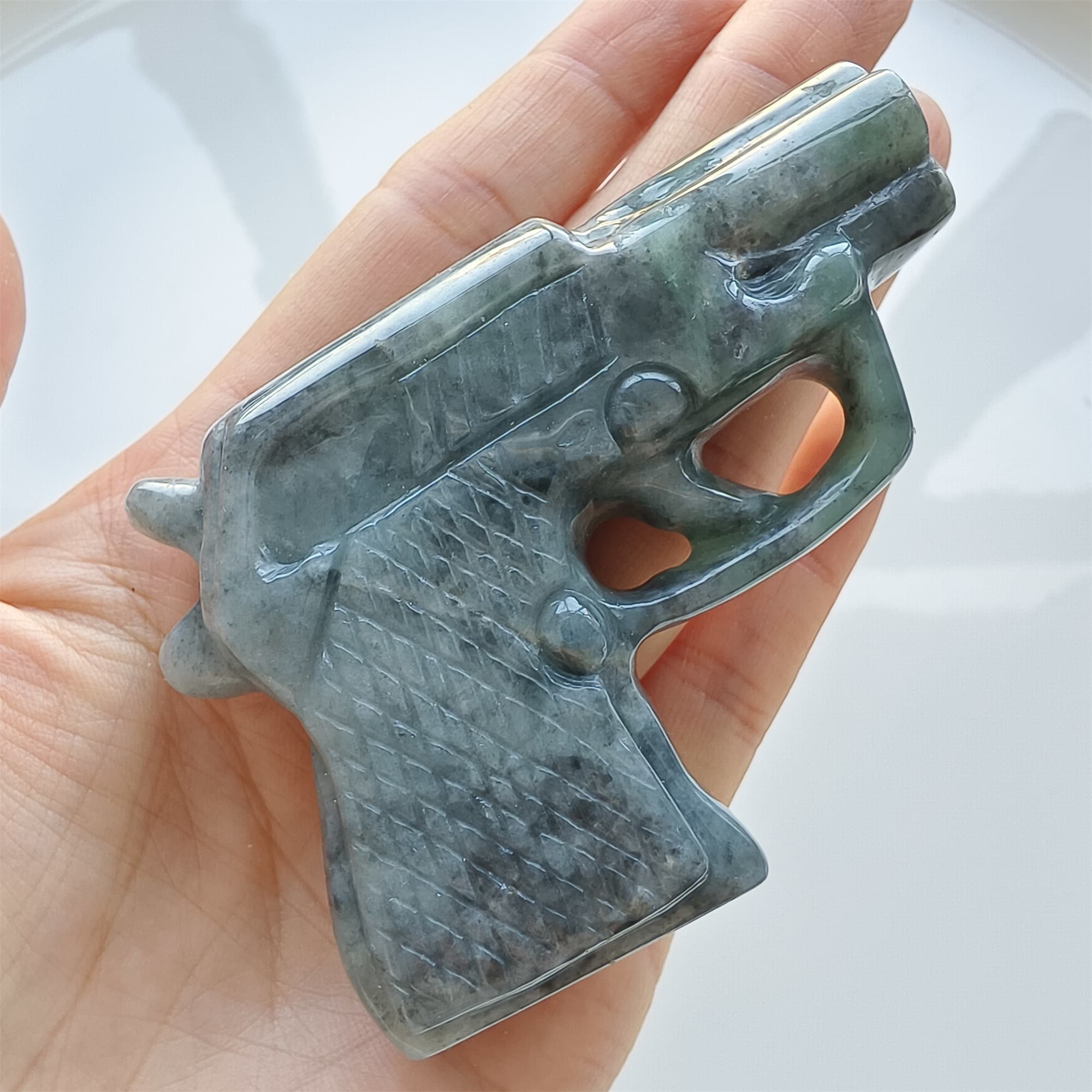 DDP 73mm Natural Type A Untreated Black Chicken Species Burmese Jadeite Pistol Hand Play