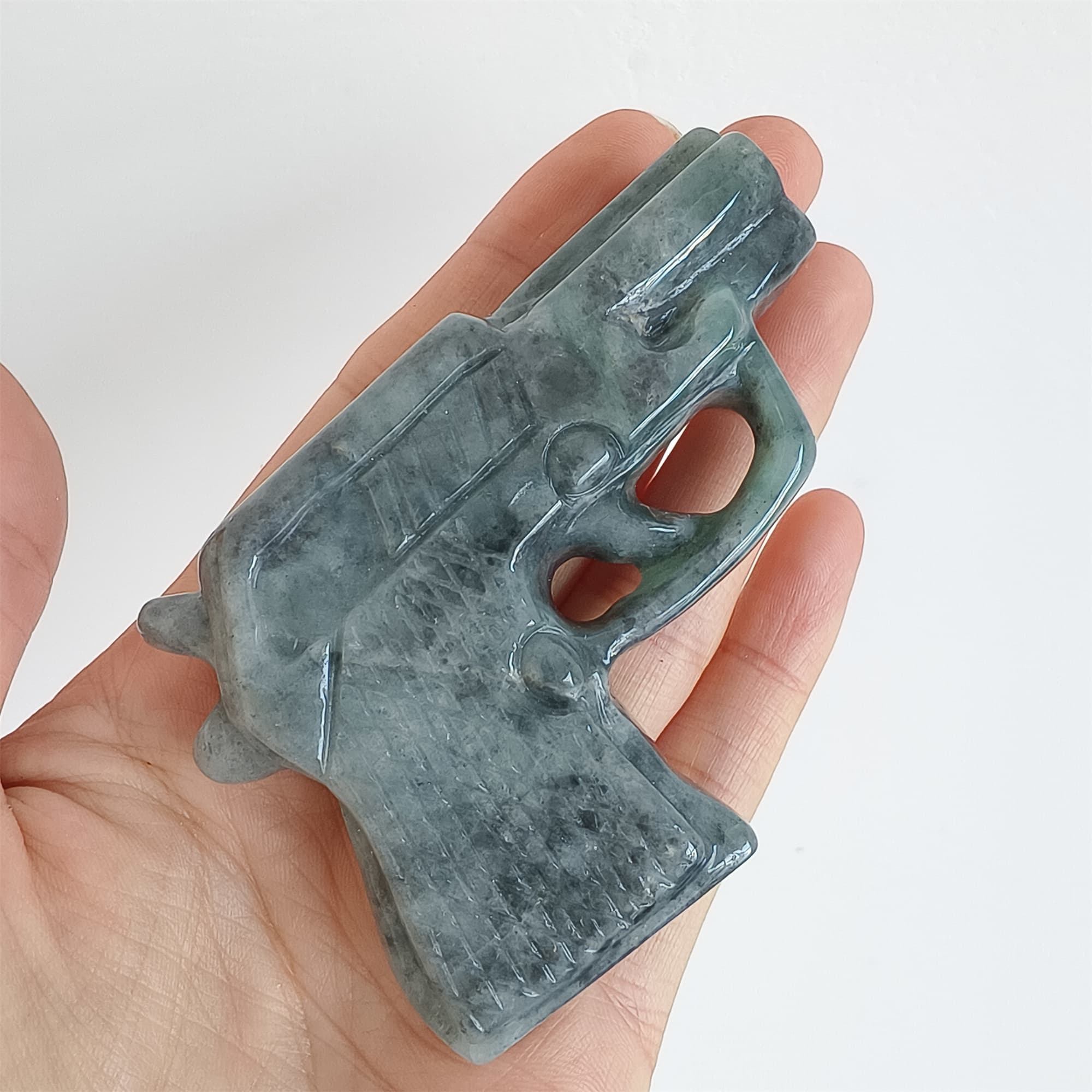 DDP 73mm Natural Type A Untreated Black Chicken Species Burmese Jadeite Pistol Hand Play