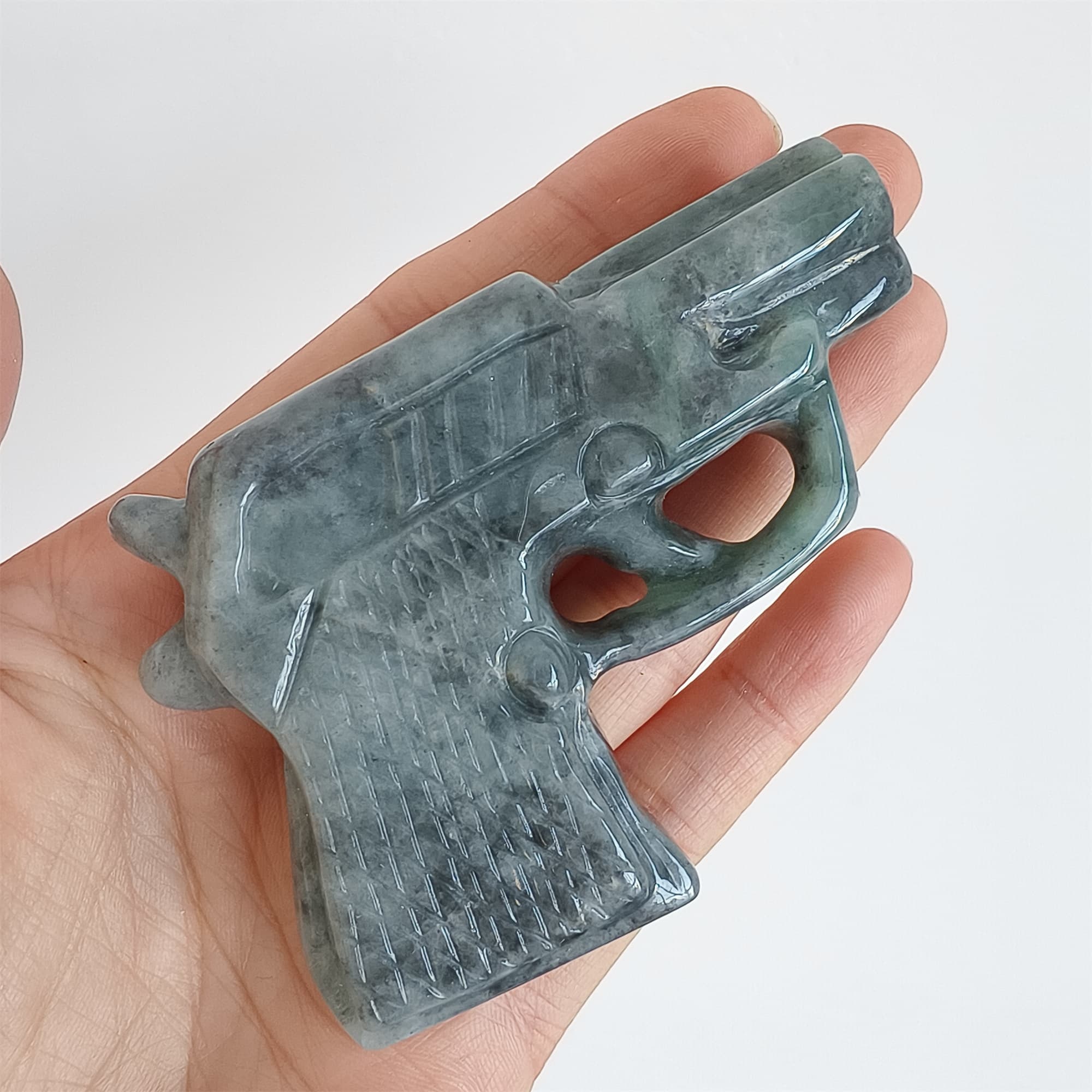 DDP 73mm Natural Type A Untreated Black Chicken Species Burmese Jadeite Pistol Hand Play
