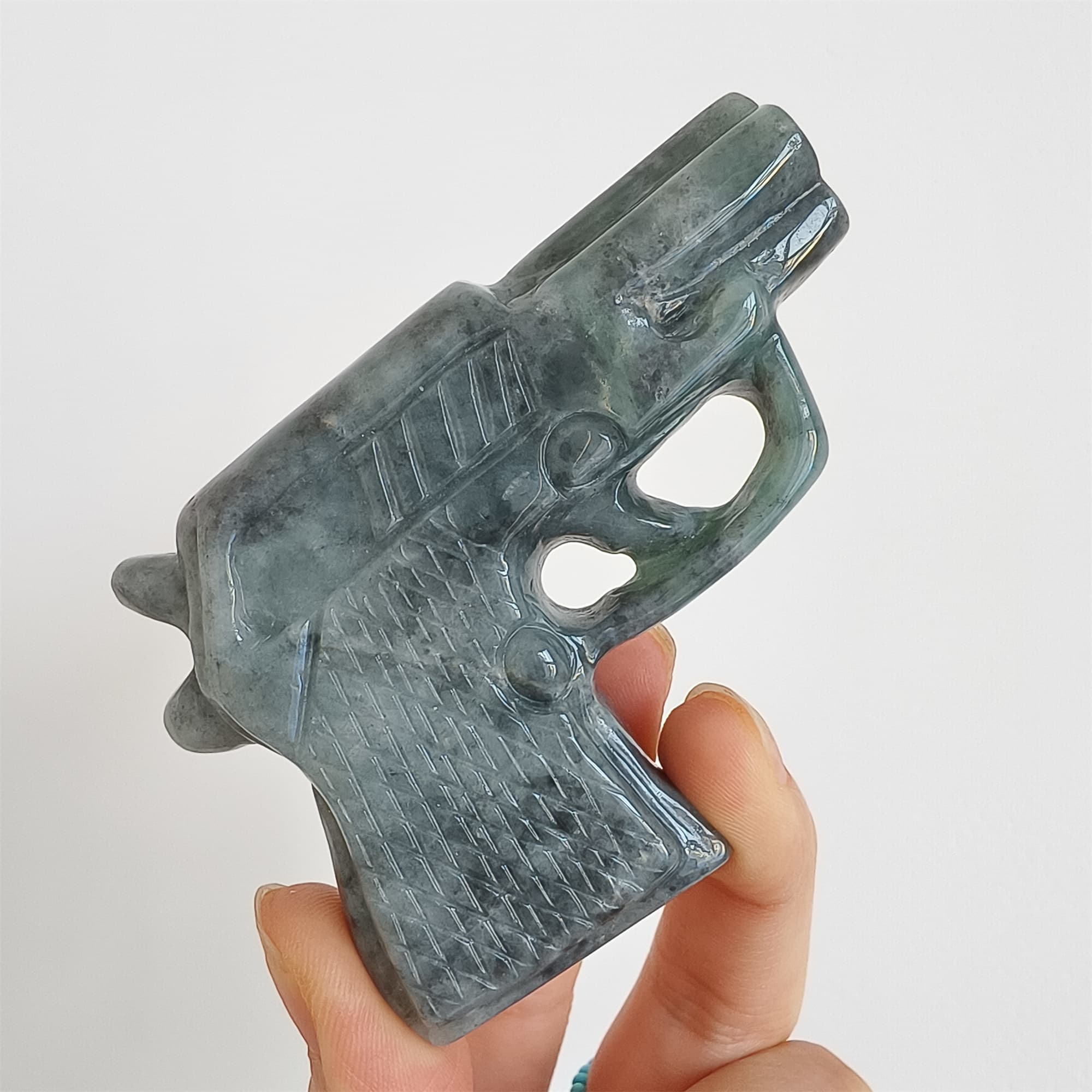 DDP 73mm Natural Type A Untreated Black Chicken Species Burmese Jadeite Pistol Hand Play