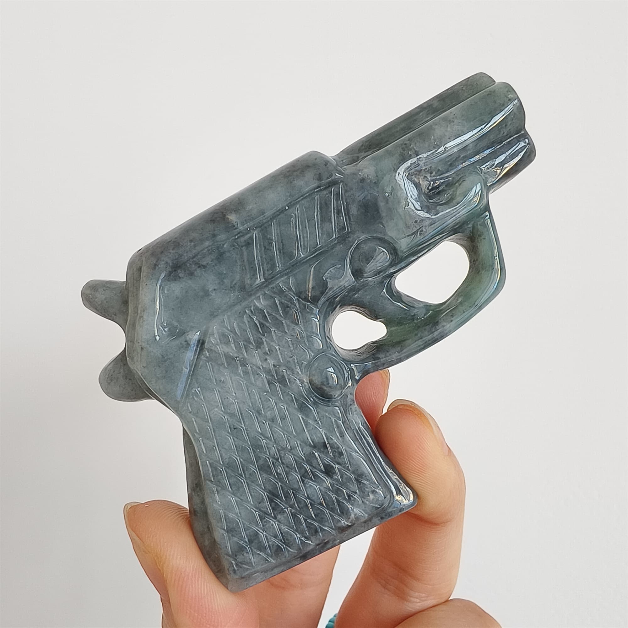 DDP 73mm Natural Type A Untreated Black Chicken Species Burmese Jadeite Pistol Hand Play
