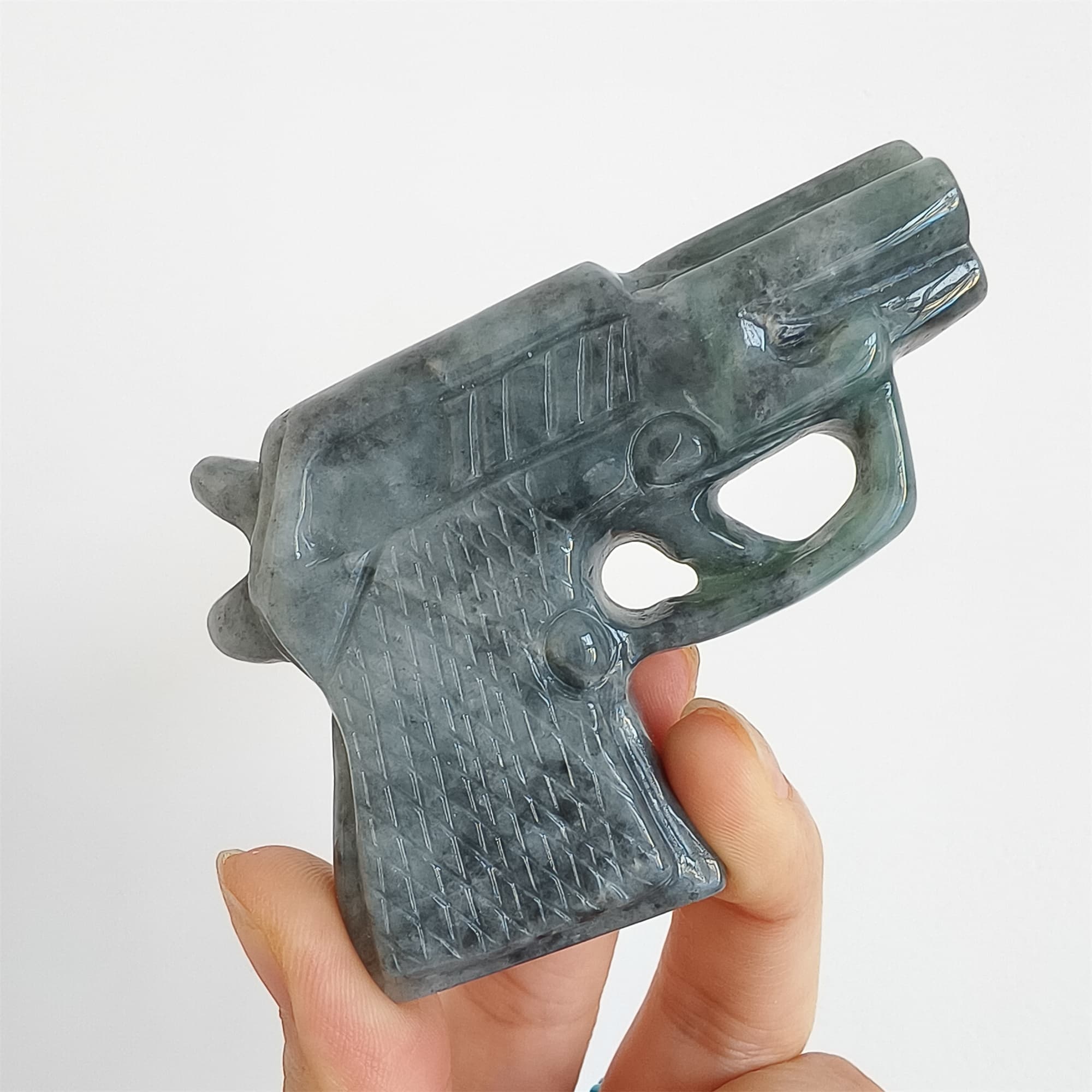DDP 73mm Natural Type A Untreated Black Chicken Species Burmese Jadeite Pistol Hand Play