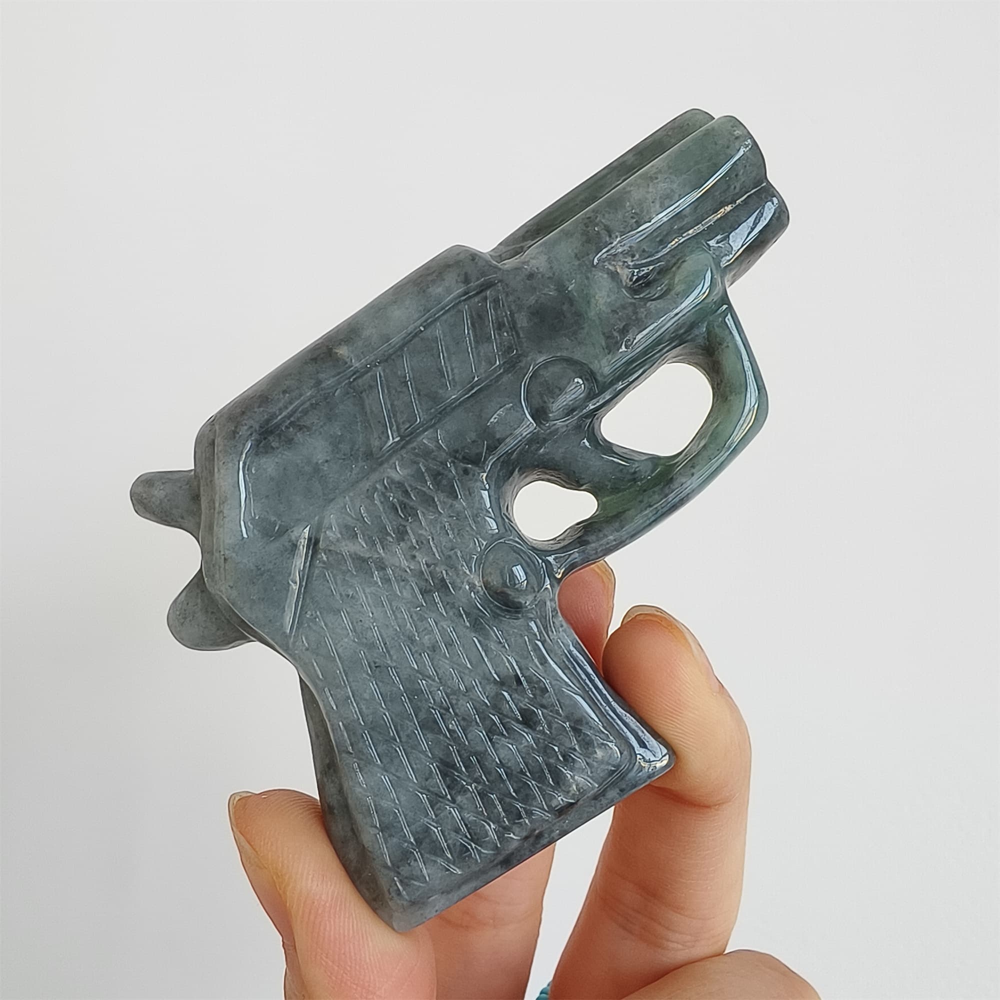 DDP 73mm Natural Type A Untreated Black Chicken Species Burmese Jadeite Pistol Hand Play