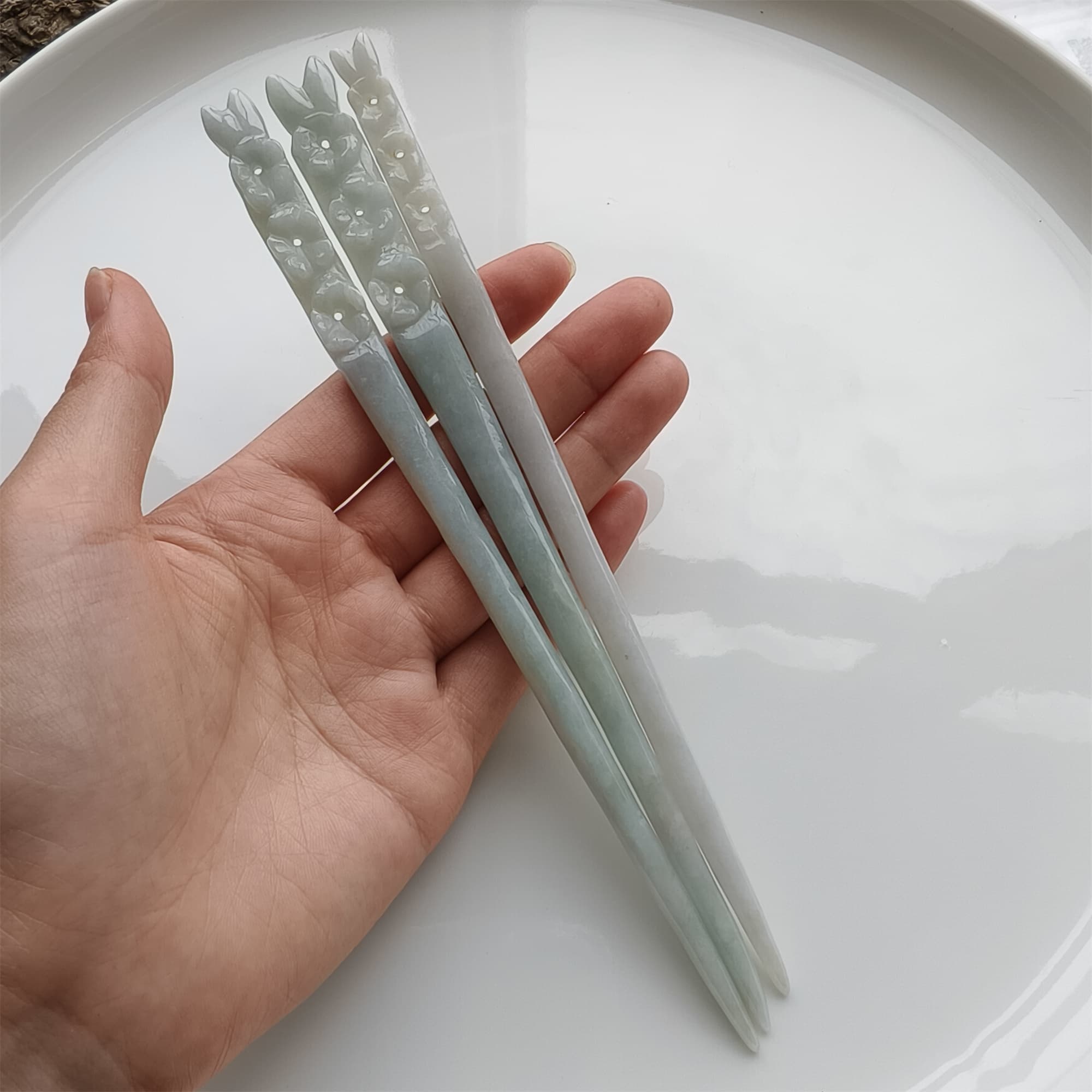 DDP 18.5cm Natural Certificated Type A Icy Green White Burmese Jadeite Flowers Hairpin